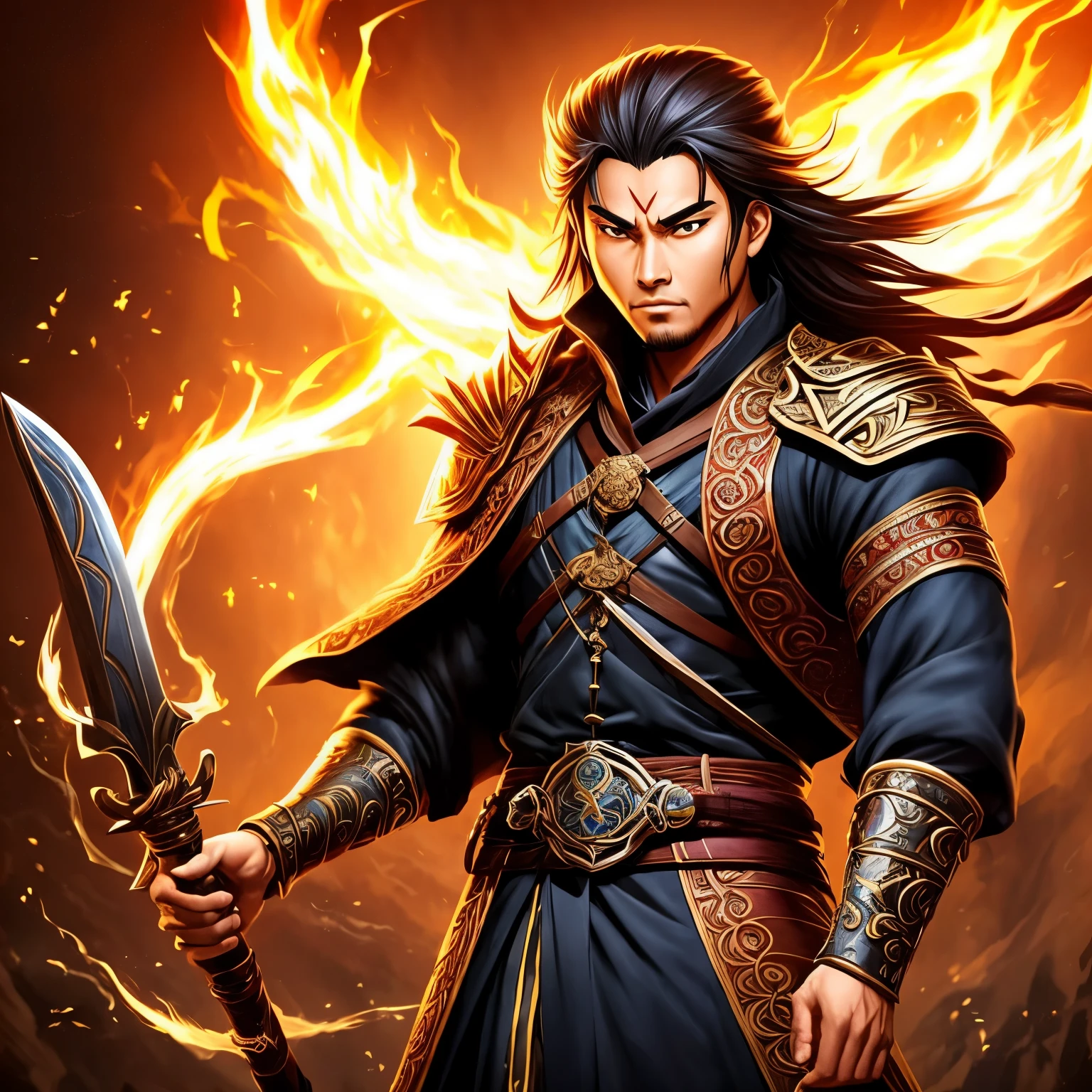 Meet Kairo, a powerful sorcerer with an ancient samurai spirit. His eyes, ablaze with magical energy, pierce through the shadows. Scars on his face tell tales of battles fought, while his long, flowing hair dances with the mystical winds. In his hands, a finely crafted knife, a blend of traditional craftsmanship and arcane enchantments. Kairo roams the mystical realms, a guardian between the worlds, wielding both the wisdom of an ancient warrior and the raw force of magic.