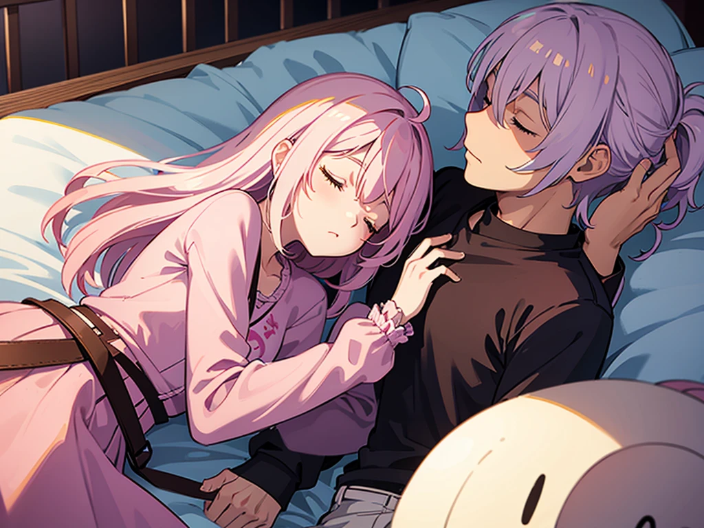 Best quality: 1.0), (Super High Resolution: 1.0), white hair guy, pink hair girl, sleeping together