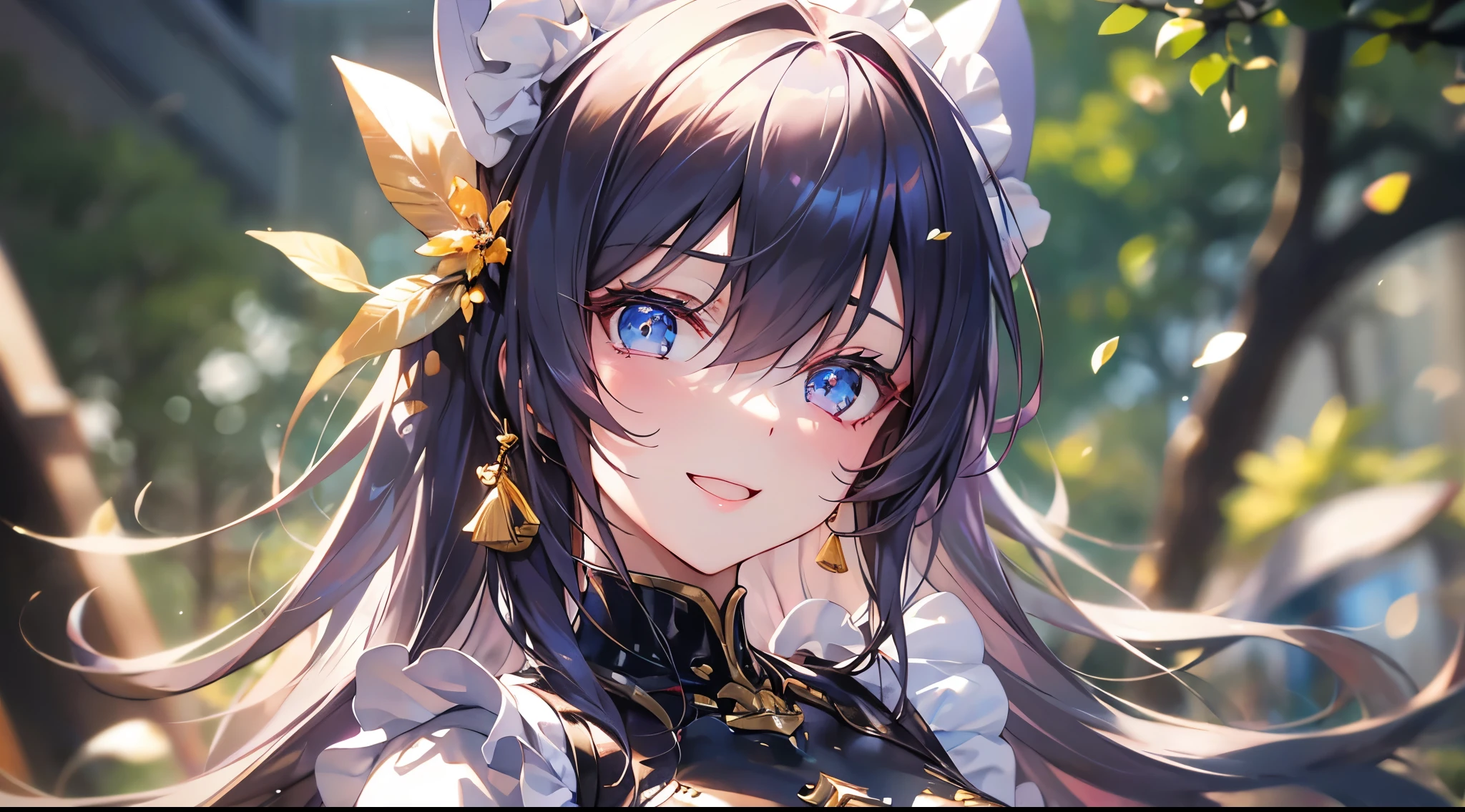 ((4k、8k、top-quality、perfect fingers: 1.3、perfect anatomia: 1.3、Background blur))、((10yaers old、a beauty girl 、a baby face、(white and black with gold decorations、Maid showing leotard、long-sleeve)、long straight hair、Beautiful big drooping eyes))、Happy smiling face、Fulll body Shot、Blue summer sky、quiet forest、