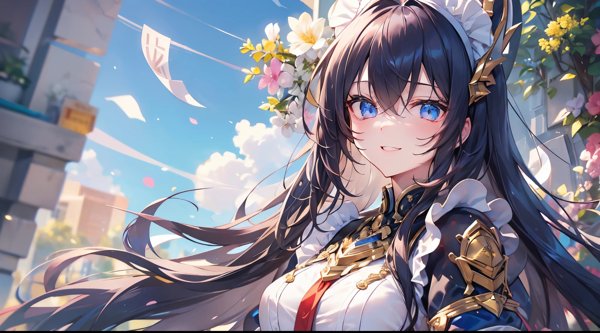 ((4k、8k、top-quality、perfect fingers: 1.3、perfect anatomia: 1.3、Background blur))、((ers old、a beauty girl 、a babyite and black with gold decorations、Maid showing leotard、long-sleeve)、long straight hair、Beautiful big drooping eyes))、Happy smiling face、Fulll body Shot、Blue summer sky、quiet forest、