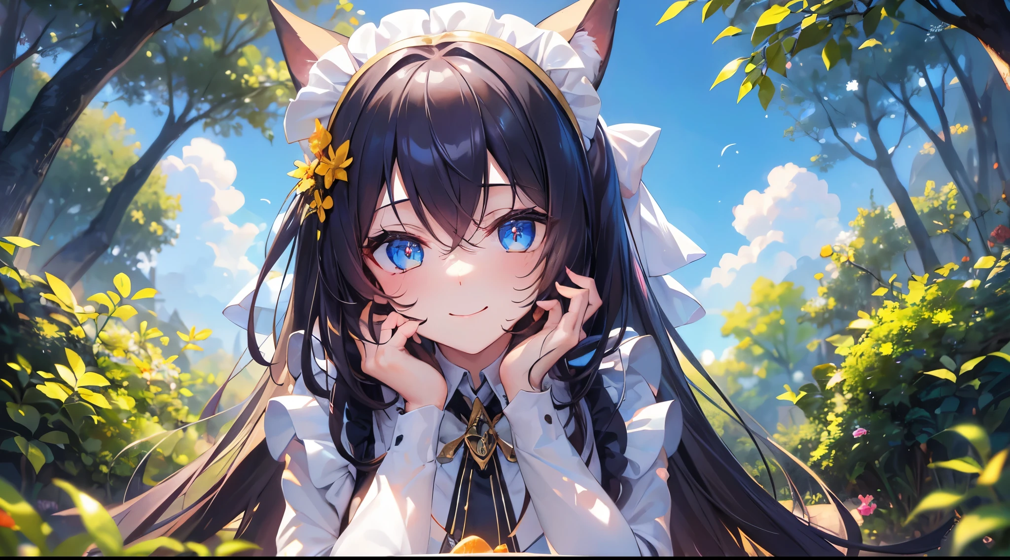 ((4k、8k、top-quality、perfect fingers: 1.3、perfect anatomia: 1.3、Background blur))、((ers old、a beauty girl 、a babyite and black with gold decorations、Maid showing leotard、long-sleeve)、long straight hair、Beautiful big drooping eyes))、Happy smiling face、Fulll body Shot、Blue summer sky、quiet forest、