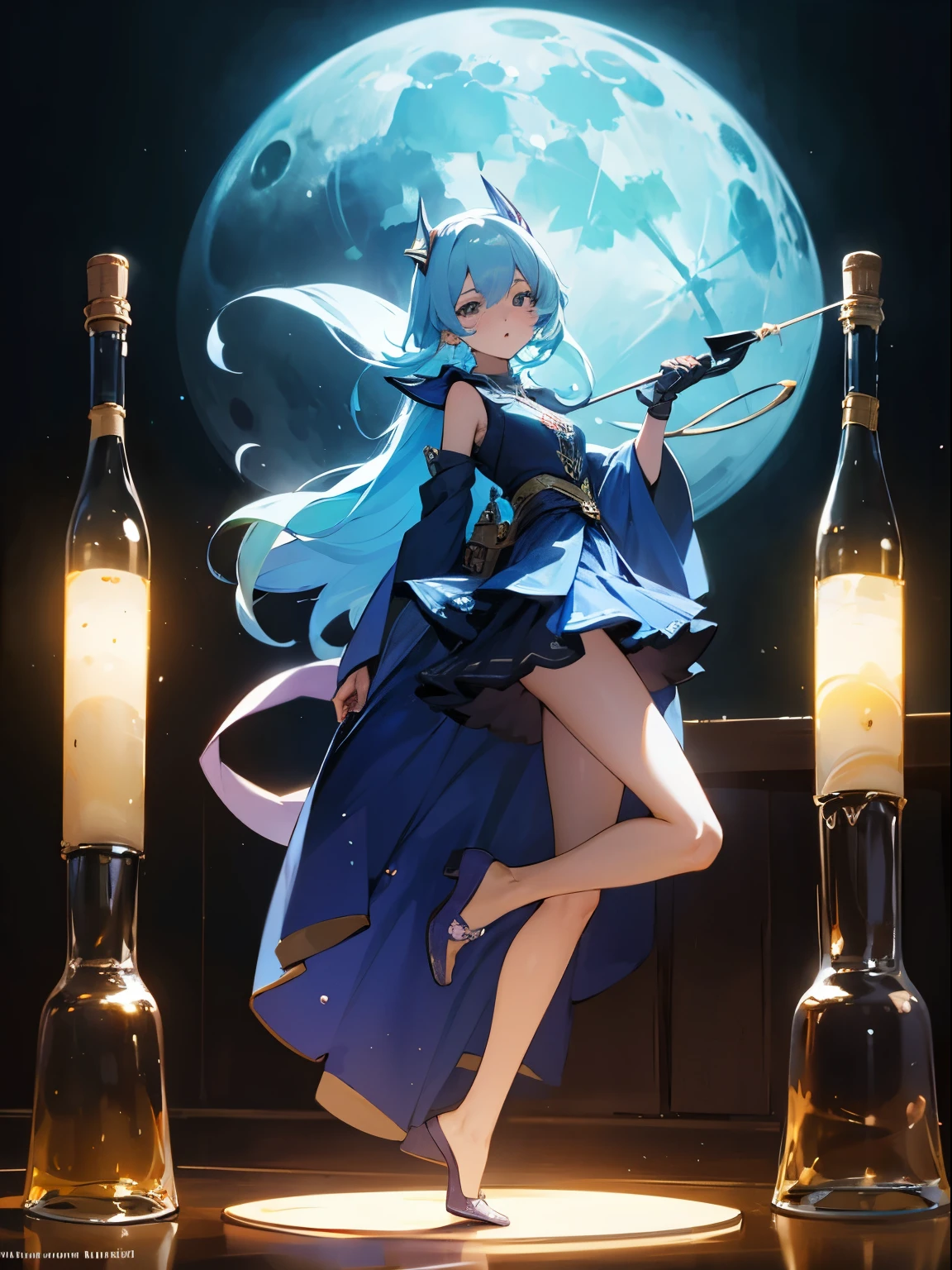 Alan Davis, Fanny Cory, Surreal, mysterious, strange, fantastical, fantasy, Sci-fi, Japanese anime, moonlight extraction device. The collected moonlight becomes liquid light in a glass bottle, A beautiful girl in a miniskirt operates the device, Perfect voluminous body, detailed masterpiece