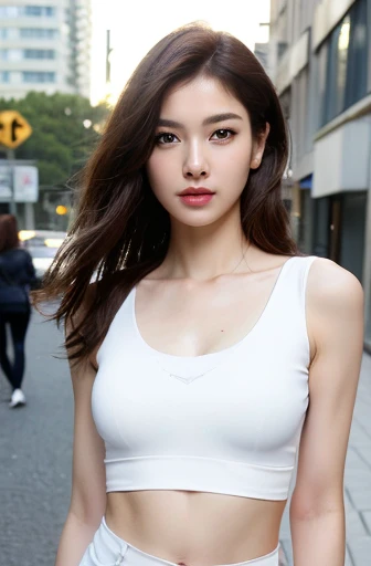 ((Realistic lighting, Best quality, 8k, Masterpiece: 1.3)), Clear focus: 1.2, 1girl, Perfect body beauty: 1.4, Slim abs: 1.1, ((dark brown hair)), (White crop top: 1.4), (Outdoor, night: 1.1), Full body, city street, Super fine face, fine eyes, double eyelids, black stockings