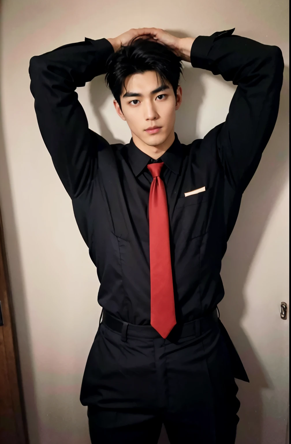 1 handsome Japanese guy,25 age old,Japan diplomat,Wearing a black uniform,Wear red tie,Tall,musculous,Muscles look good,hairy bodies,with fair skin,黑The eye(thin eyes 1:3),Full body photo