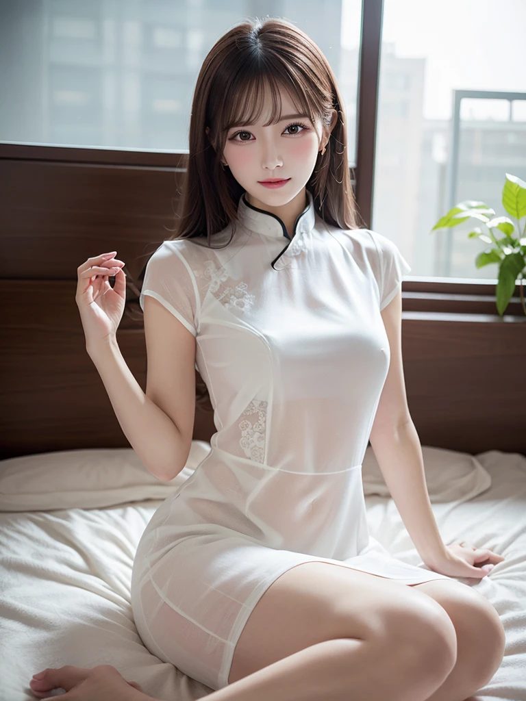 spread legswide(Beautuful Women、Unity 16k壁紙、masterpiece、top-quality、超detaileds、非常にdetailedsな、Caustics、lighting like a movie、detaileds、美しいdetailedsな目、独奏)、超A high resolution、Fine skin、(セクシーなqipao dress、curby、a bed)、qipao dress、slit、(strong lights)、((Brighten the subject))、red blush、oilly skin、Spread your legs、Brown hair,超detailedsな体,超detailedsな顔,超detailedsな手,超detailedsな足,超detailedsな目,sexypose