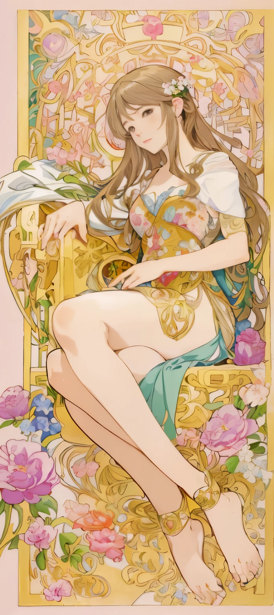 a painting of a woman sitting on a chair with flowers, anime art nouveau, alphonse mucha and rossdraws, alphonse mucha style, korean art nouveau anime, flat shading mucha, in style of alphonse mucha, demura and alphonse mucha, anime art nouveau cosmic display, inspired by Alfonse Mucha, mucha style, flat cel shading mucha