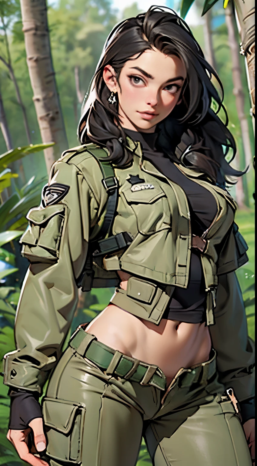 (((Best quality: 1.4))),(Unbeatable masterpiece), (hyper HD),(Hyper-realistic 8k CG)、 ((( body))), (((1 girl in))), 25-year-old American soldier with perfect body,,Beautiful and well groomed face,muscular body:1.2,detail camouflage jacket, Camouflage vest、 (Pictures from head to thighs),clean abs, Complex equipment, Dark Green，With white stars and off-white stripes,,,,, armour, Poison tattoos ), jungle, forest,