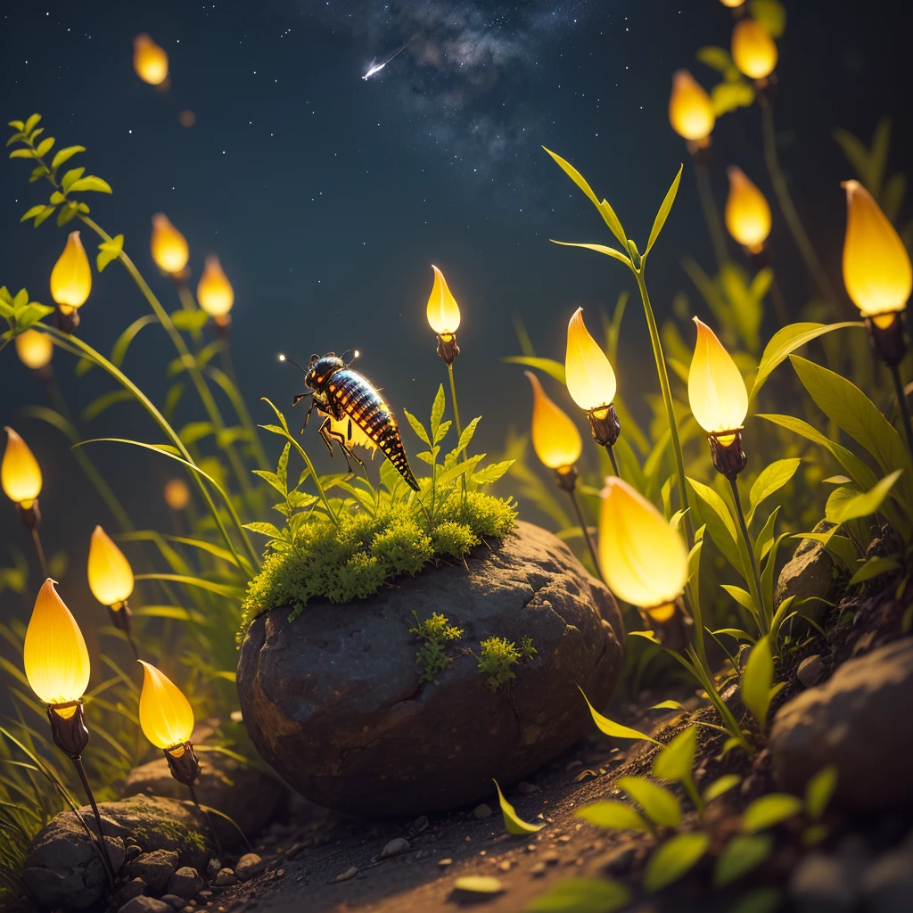 bushes at night,Special shots of insects,(((a glowing firefly))),The tail emits light green fluorescence,Harmonious and peaceful night,𝓡𝓸𝓶𝓪𝓷𝓽𝓲𝓬,Best Picture Quality,tmasterpiece,4K