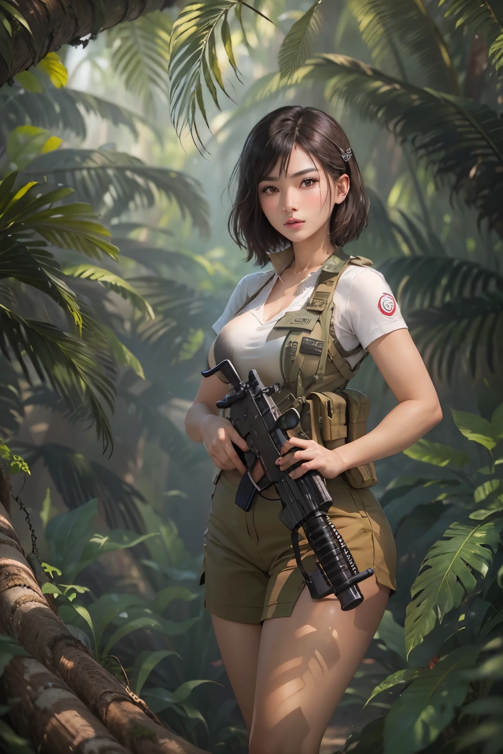 Photorealistic, high resolution, photorealestic,Beautiful tall woman, Filipino woman, 24 years old, Solo, Hips up, view the viewer, (Detailed face), Black color hair, short hair, tanned bronzed skin, Young camouflage uniform, Stockings,jungle backdrop, Girl aiming AK-47 assault rifle