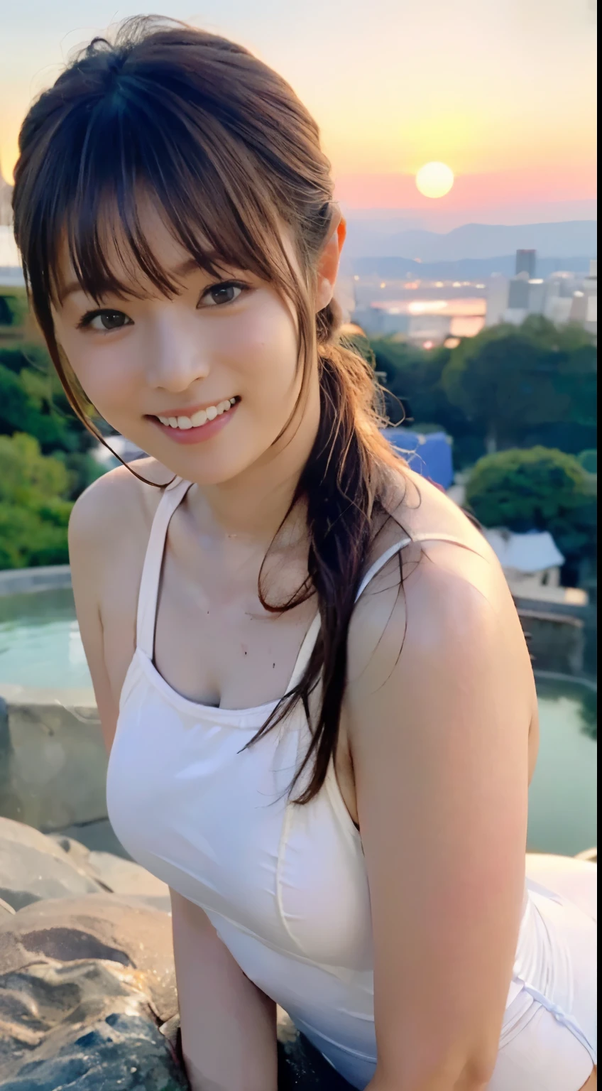 (((solo person))),(((A young actress with outstanding style takes a gravure photo shoot at a long-established hot spring inn with a night atmosphere.))),(((Enjoy the hot springs by soaking up to your waist in a small mixed rock bath while watching the beautiful sunset.))),((Take a photo from a high place behind you)),(((A simple high-leg one-piece swimsuit made of transparent white material that hugs your body is sexy.))),((Shooting from a high position)),(((Sit down, soak in the hot springs, raise your chin and look up at the camera.))),(((Get on your knees in the bathtub and place your hands on the edge of the bathtub.))),(((masutepiece:1.6))),(((ulzzang-6500))),(((perfect anatomia:1.3))),(((Beautiful background bokeh with deep depth of field by Hasselblad))),(((beautiful waistline))),​masterpiece,top-quality,超A high resolution,High resolution upper body portrait,(photographrealistic:1.4),(((High nose and chiseled beautiful face))),(((Long limbs like a model))),Fair skin is dazzling,20 years old and very cute,Her long glossy chestnut hair tied back at the nape of her neck is very sexy.,((Plump G-cup bust and narrow waistline),A detailed eye,((Raise the corners of your mouth and laugh out loud)),Cute big eyes and long eyelashes,Distinct double eyelids,((shiny thick lips)),(((perfect anatomia))),