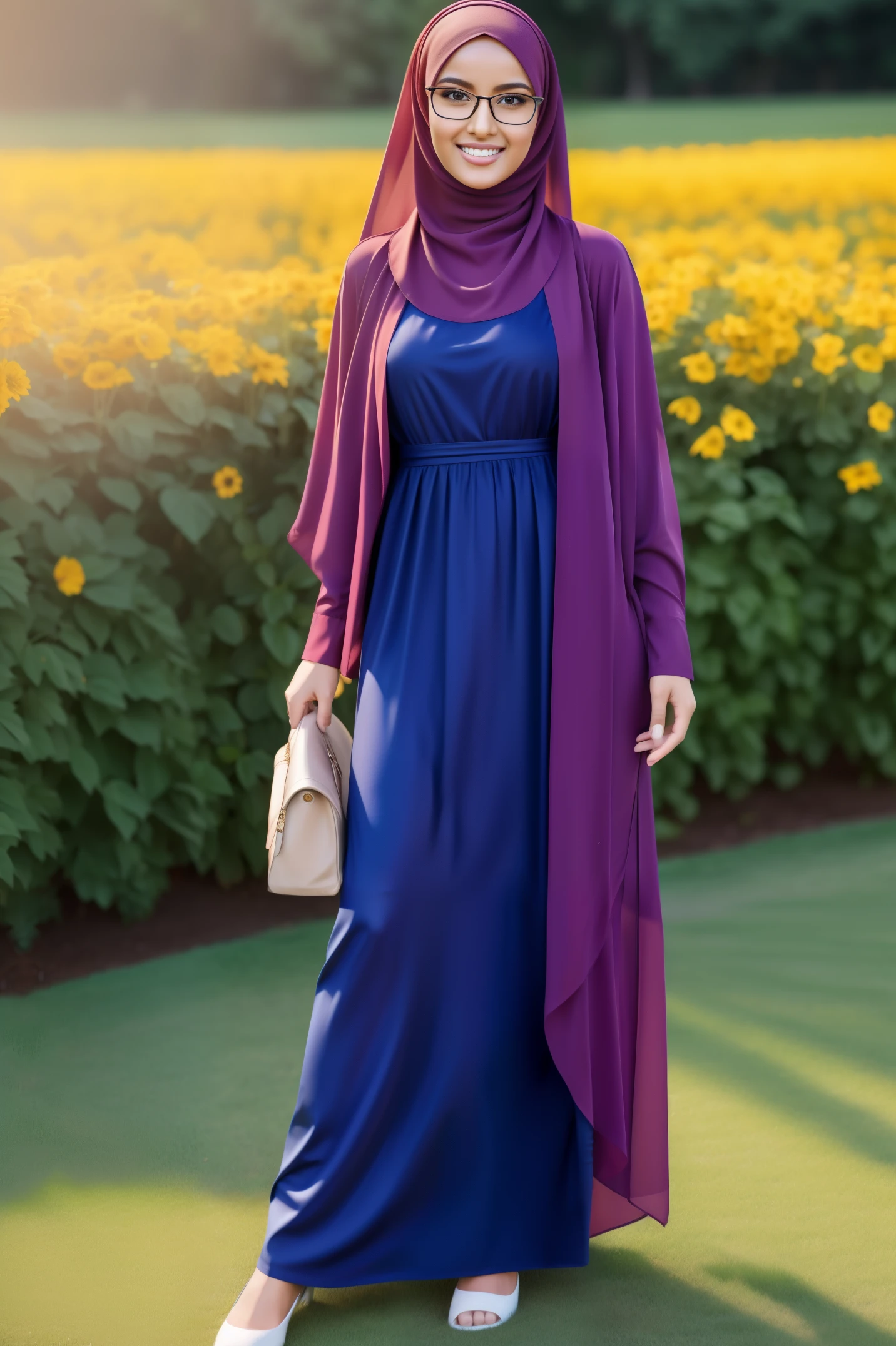 full body image of ultra realistic,16k, enhanced quality, perfect face, perfect hands, perfect body, ultra detailed, perfect hair, girl wearing glasses, perfect glasses, perfect smile, ultra realistic, ultra realistic background, full body image, posing for photo in flower garden, girl wearing perfect hijab,full body shooting, ultra realistic particles, perfect duck lips, full body shooting, Islamic hijab,