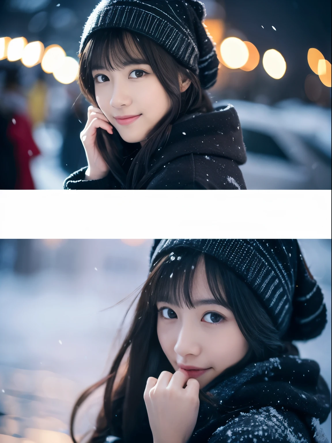 While watching the snow falling quietly. Her introspective and tearful expression、Makes you feel longing and melancholy for winter nights。。。。。。、top-quality、hyper HD、奈良美智, Japanese Models, Beautiful Japan wife, With short hair, 27-year-old female model, 4 k ], 4K], 27yo, sakimichan, sakimichan、(A hyper-realistic), (Illustration), (High resolution), (8K), (Very detailed), (Best Illustration), (Top quality with beautiful attention to detail), (ultra-detailliert), (masutepiece), (Wallpaper), (Detailed face), Solo, One girl, viewer, Fine detail, Detailed face, In the Dark, Deep Shadows, lowkey, pureerosfaceace_v1, Smile, Long hair, Black shawl straight hair, 46-point diagonal bangs, Full body, legs crossed