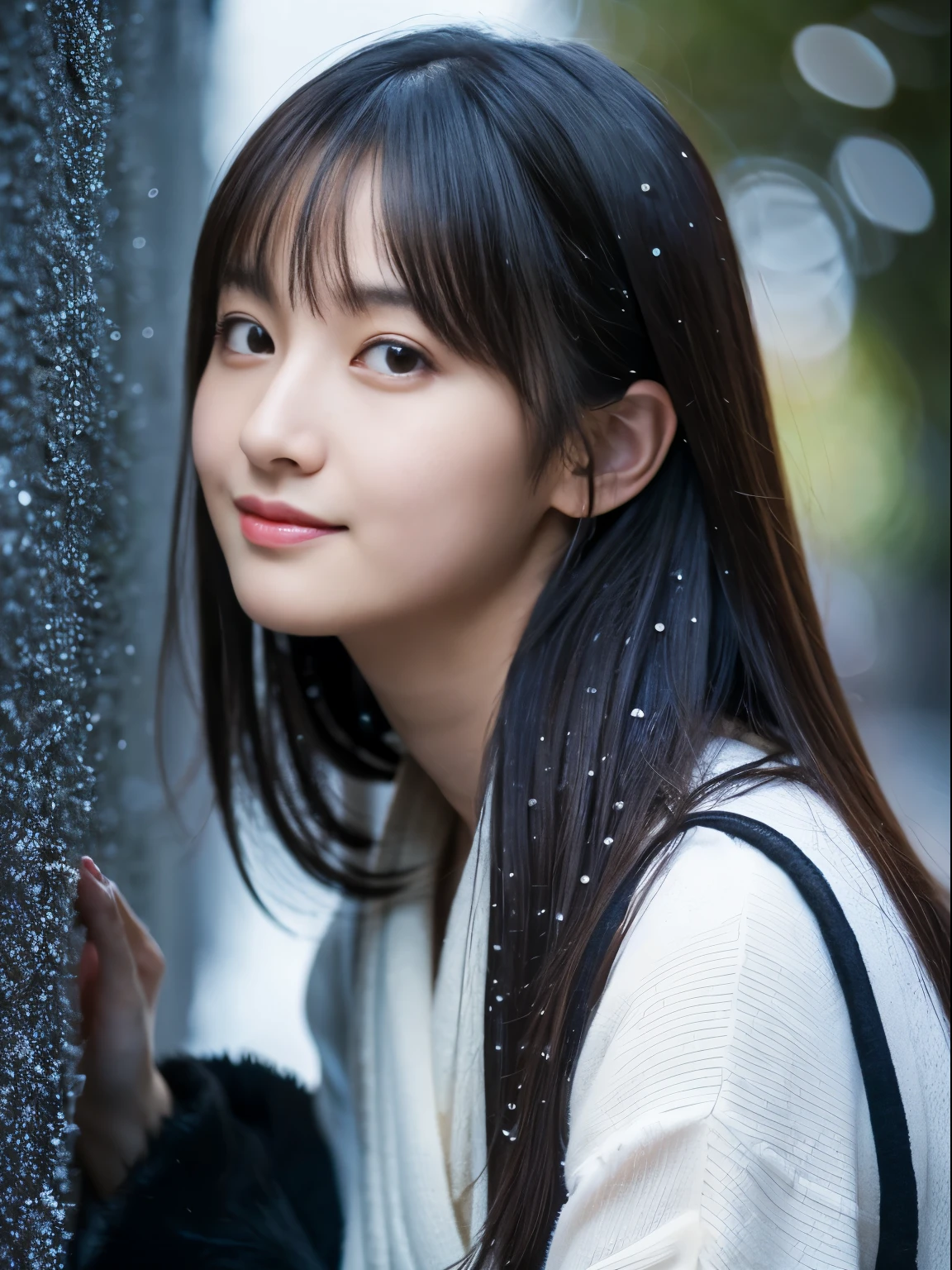 While watching the snow falling quietly. Her introspective and tearful expression、Makes you feel longing and melancholy for winter nights。。。。。。、top-quality、hyper HD、奈良美智, Japanese Models, Beautiful Japan wife, With short hair, 27-year-old female model, 4 k ], 4K], 27yo, sakimichan, sakimichan、(A hyper-realistic), (Illustration), (High resolution), (8K), (Very detailed), (Best Illustration), (Top quality with beautiful attention to detail), (ultra-detailliert), (masutepiece), (Wallpaper), (Detailed face), Solo, One girl, viewer, Fine detail, Detailed face, In the Dark, Deep Shadows, lowkey, pureerosfaceace_v1, Smile, Long hair, Black shawl straight hair, 46-point diagonal bangs, Full body, legs crossed