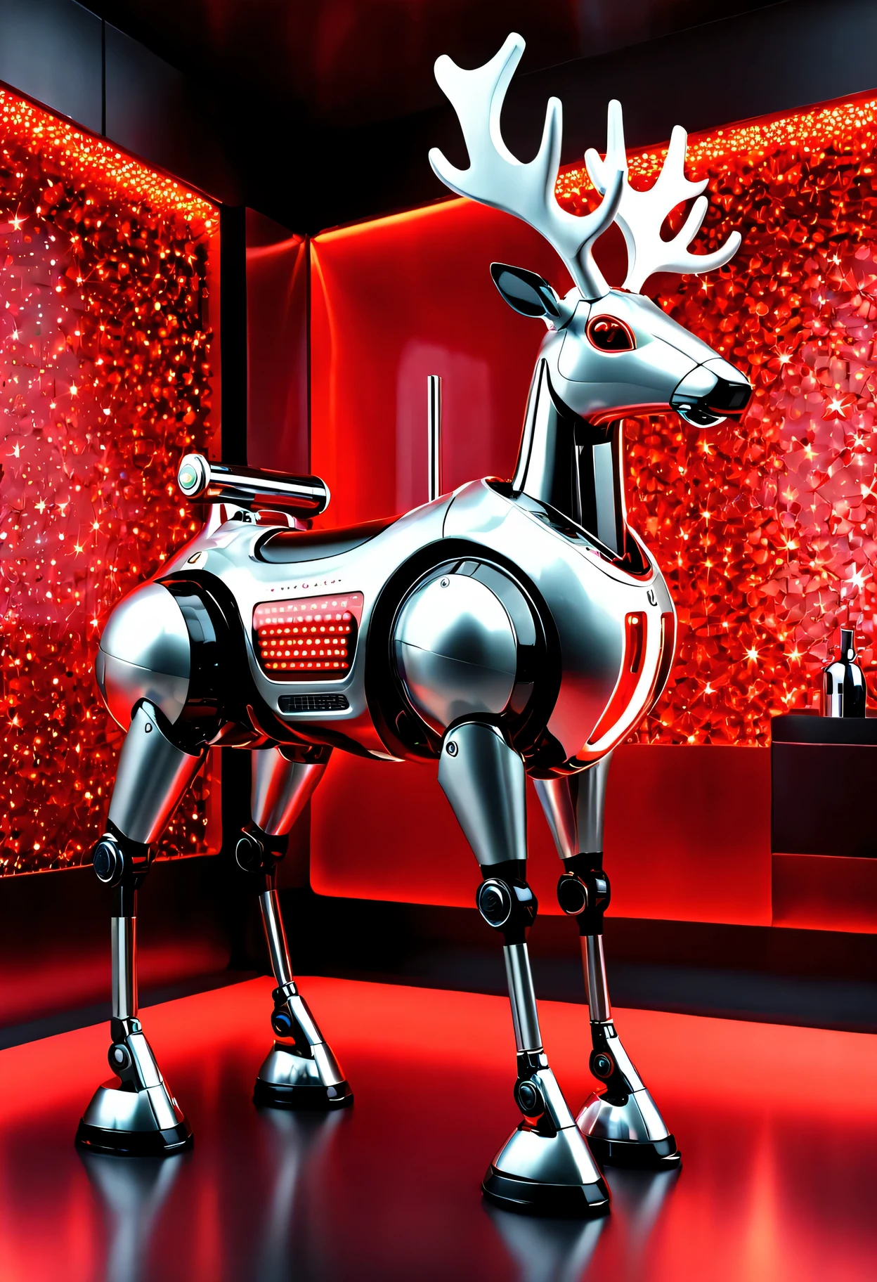 (Butler clothing design:1.8),\(Christmas style\)， Made of makinary, red and white style, Mechanized form, A A futuristic数字艺术, red and white colors, room lighting, surreal details, 32k ULTRAHD, auto-destructive art, mechanized abstraction, Future Vision,Fine lines and intricate details, A A futuristic维多利亚时代, translucent immersion, molecules, Red Knight, Glass as a material, Sci-fi Baroque style, 32k ULTRAHD,(Fundo sala de estar:1.5), fril, 未来makina人管家摄影, Glowing red interior components, Very A futuristic,makina人管家设计趋势, A A futuristic设计, A A futuristicmakina人管家 design, karim rashid, glowing interior components, Concept sled design, A A futuristic, A A futuristic镀铬, Future concept butler clothing, Magnificent design, High-Technologie details of the future,(makina人管家风格：1.5),(Christmas reindeer relief pattern:1.4),(mechanical blazer:1.5)，控制论makina人. Android, eats, makina, metals, electrical wires, Technologie, A futuristic, The is very detailed, Extremely detailed computer, Permanent, Full body photo, at centre, a 3D render, art  stations, octaneratingrendering, 8K