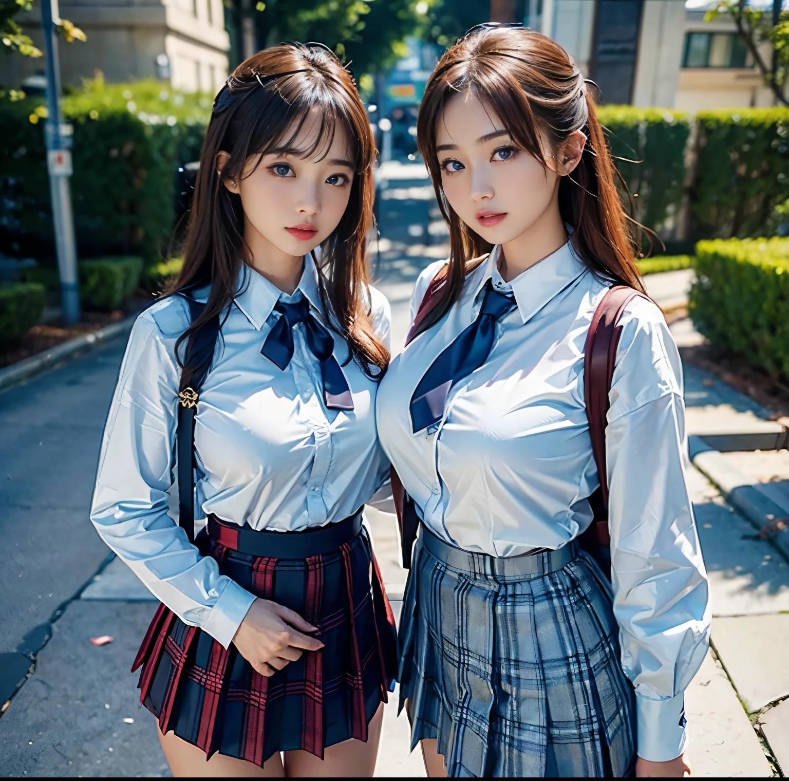 top-quality, 8K picture quality, ​masterpiece, A hyper-realistic, (Two girls side by side:1.2), (Super big breasts with tension), Whitening Skin, Sparkling blue eyes, A tight white shirt with a crimson ribbon tie, Super mini pleated tartan check skirt, (the skirt is incredibly short:1.2), (おbuttockを突き出して美buttockを見せびらかす:1.3), (above the knee while standing), Proud of her slim waist and white panties, Skirtliftv1, buttock