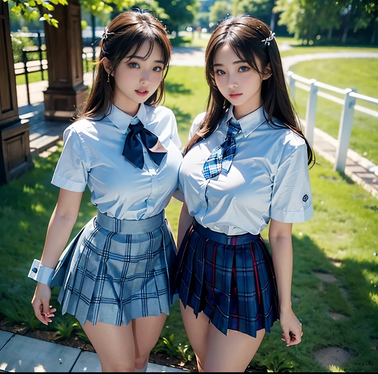 top-quality, 8K picture quality, masterpiece, A hyper-realistic, (Two girls side by side:1.2), (Super big breasts with tension), Whitening Skin, Sparkling blue eyes, A tight white shirt with a crimson ribbon tie, Super mini pleated tartan check skirt, (the skirt is incredibly short:1.2), (おbuttockを突き出して美buttockを見せびらかす:1.3), (above the knee while standing), Proud of her slim waist and white panties, Skirtliftv1, buttock