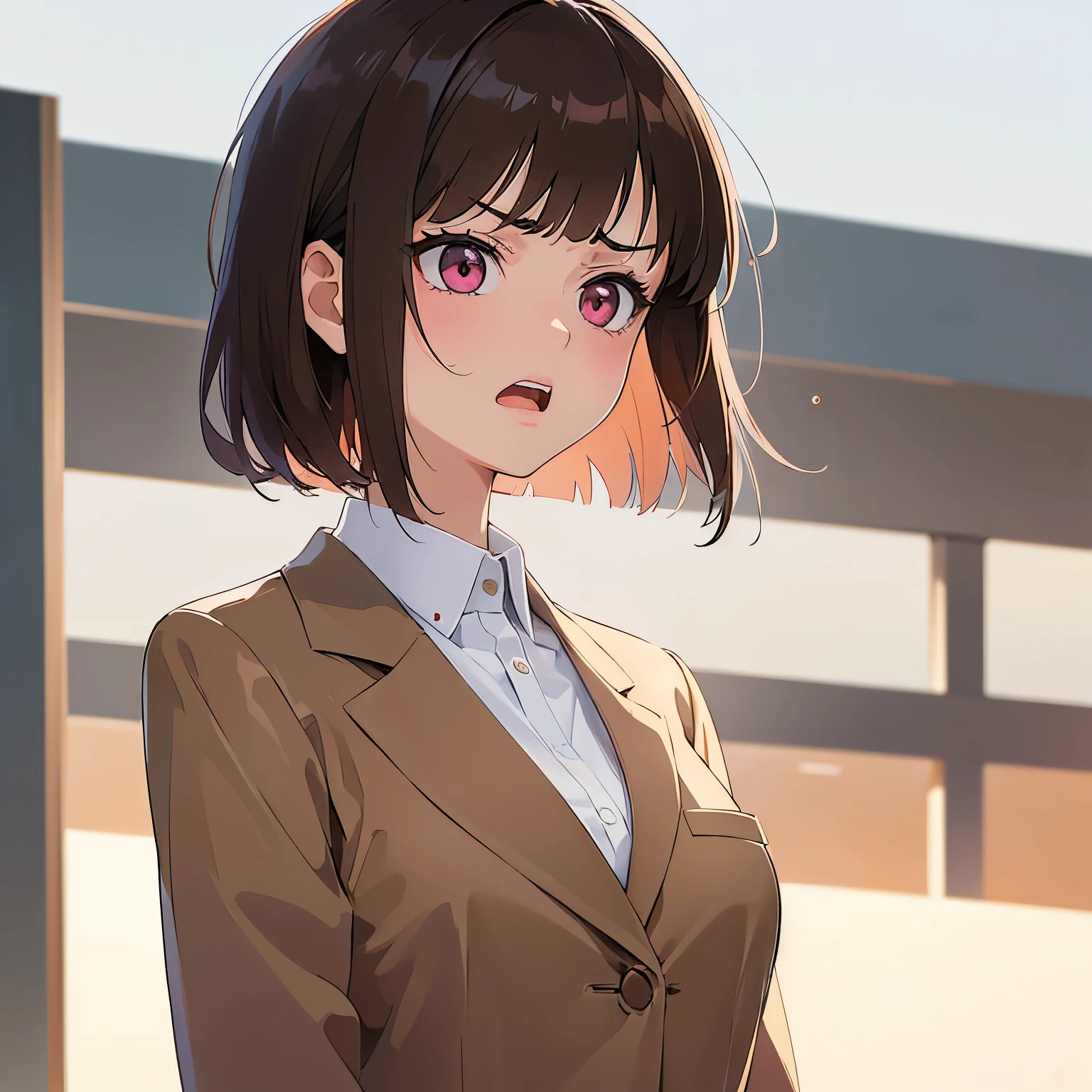 (looking away:1.3), Shooting from the side、​masterpiece、top-quality、 A 25-year-old woman with medium hair and pink eyes with brown bangs.、Wearing a beige suit、white  shirt、(annoyed:1.3)、open mouth, (Staring:1.5)、is standing、The background is office、Bold composition、Upper body is shown、Alone、