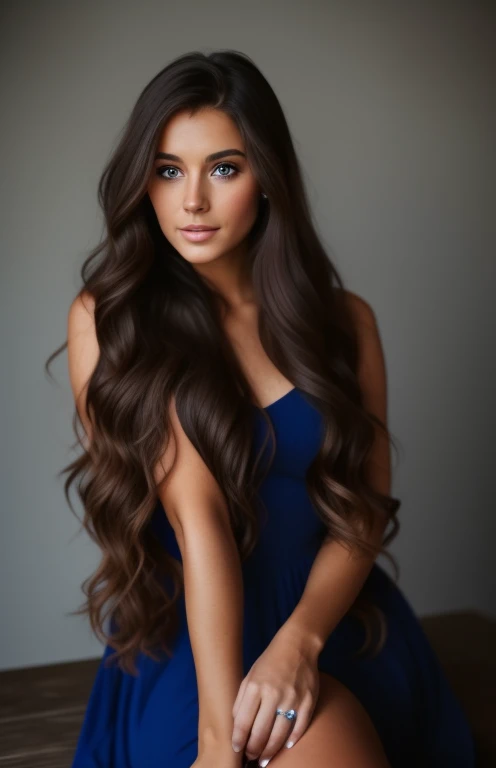 a close up of a woman in a tight lace purple  dress standing outside on a wooden bench,  beautiful long brown hair, long brunette hair, long wavy brunette hair, long brown hair, long brown wavy hair, hair : long brown, brown long hair, long wavy brown hair, long flowing brown hair, wavy beautiful hair, brown colored long hair, vibrant dark wavy hair, dark wavy long hair, blue eyes, thin face