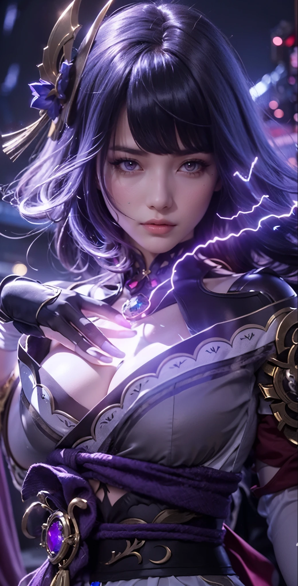 (ultra realistic photo, 8k uhd, full of details in clothes and face, masterpiece, girl goddess of beauty). Shogun Raider from Genshin Impact is a sexy woman with long, flowing purple hair, who wears a highly detailed sexy lingerie, she wears a jewel on the side of her head adorned with gold details and a gem in the center. - She wears a purple and pink outfit with gold details, with ornate designs in gold. The upper part of the armor is tight to the body, highlighting its curves. (she has long breasts, huge and perfect breasts emerging from her sexy, erotic cleavage, sharp pointed BREASTS), ((transparent micro panties showing pussy, perfect pussy)), defined body, body with curves, big perky ass, pussy showing, His arms are covered in armored gloves that have similar designs in gold and are attached to his upper arm by straps. - A piece of cloth flows from his waist, complementing the armor look. - Her face is very beautiful, she has light pink eyes and a serious expression. - In the background, there is a dramatic sky full of dark clouds and lightning lighting the scene. A full moon is also visible between the clouds.