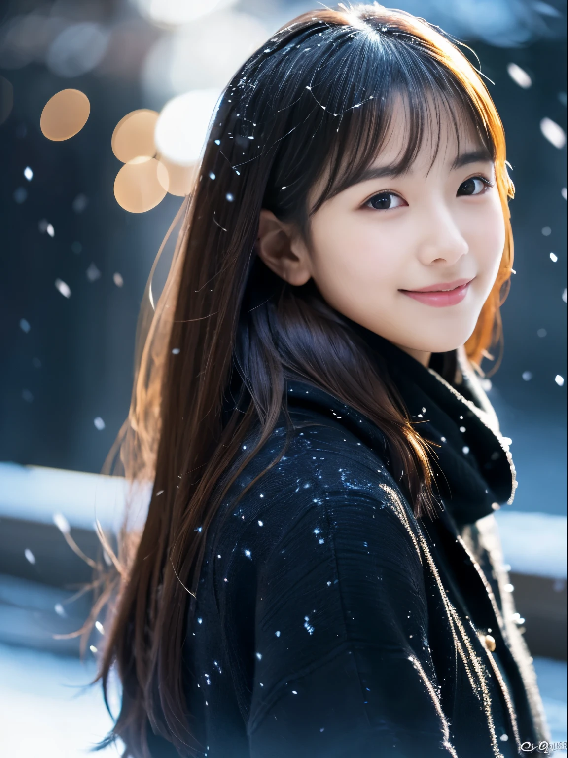 While watching the snow falling quietly. Her introspective and tearful expression、Makes you feel longing and melancholy for winter nights。。。。。。、top-quality、hyper HD、奈良美智, Japanese Models, Beautiful Japan wife, With short hair, 27-year-old female model, 4 k ], 4K], 27yo, sakimichan, sakimichan、(A hyper-realistic), (Illustration), (High resolution), (8K), (Very detailed), (Best Illustration), (Top quality with beautiful attention to detail), (ultra-detailliert), (masutepiece), (Wallpaper), (Detailed face), Solo, One girl, viewer, Fine detail, Detailed face, In the Dark, Deep Shadows, lowkey, pureerosfaceace_v1, Smile, Long hair, Black shawl straight hair, 46-point diagonal bangs, Full body, legs crossed