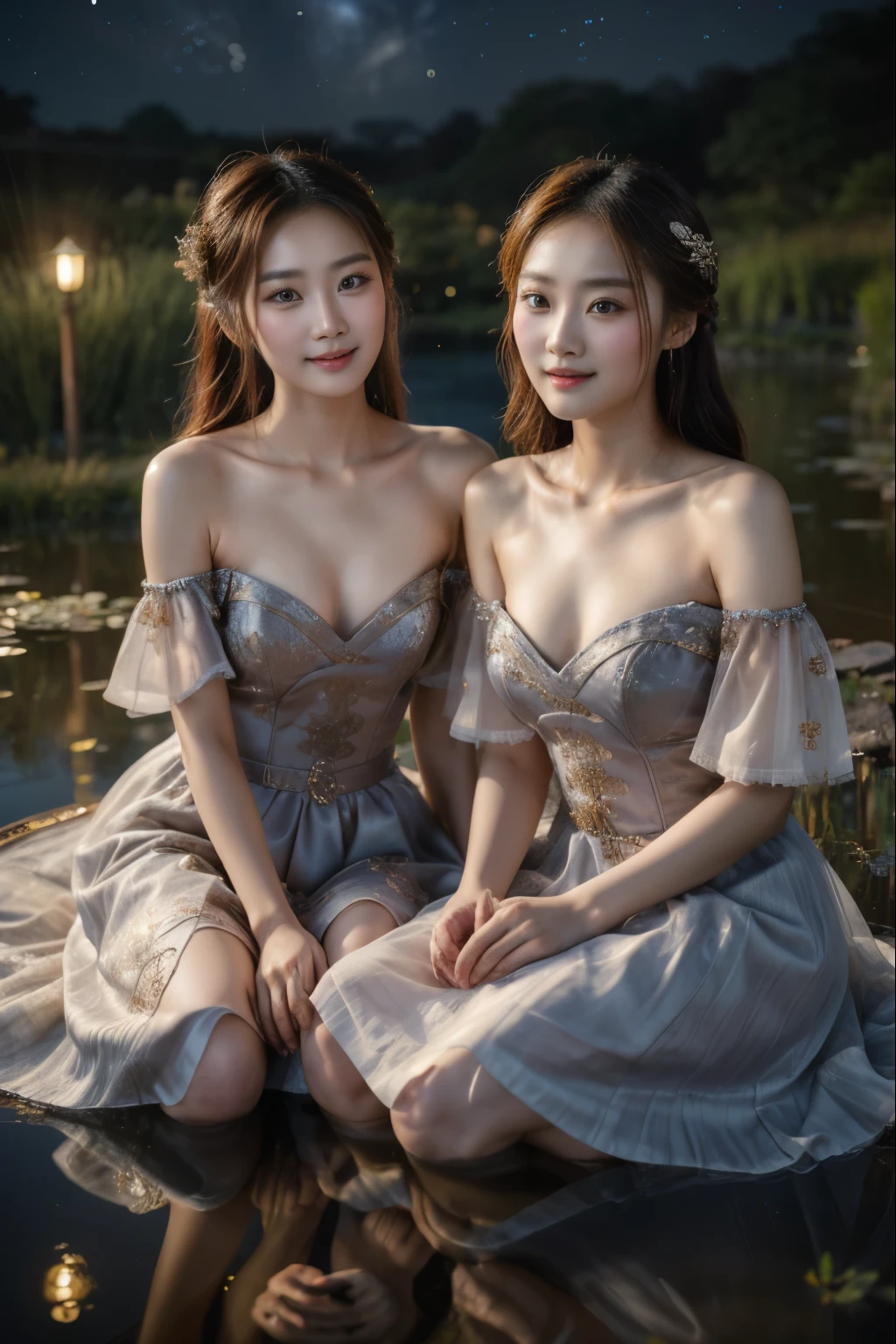 All faces and pictures must be different, high quality, highly detailed, a stunningly photorealistic photo of two beautiful Chinese women,faced, intricate detailed eyes,open shoulders,skirtlift,where two mysterious women sits by the edge of a pond, capturing a romantic atmosphere under the starry sky.