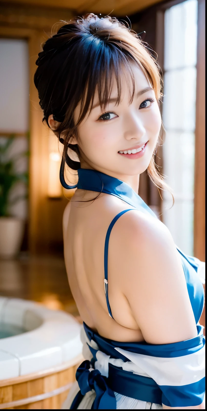 (((solo person))),(((A beautiful athlete relaxing in a yukata after breakfast in a reserved room at a hot spring inn.))),(((Wearing the inn's yukata and sash, they sit elegantly with their knees together on the cushions and chat.))),(((masutepiece:1.6))),(((ulzzang-6500))),(((perfect anatomia))),(((Deep depth of field with Hasselblad))),(((beautiful waistline))),masterpiece,top-quality,超A high resolution,High resolution full body portrait,(photographrealistic:1.4),(((High nose and chiseled beautiful face))),(((Long limbs like a model))),Fair skin is dazzling,((Take a picture of the sexy nape from the side)),20yr old,cute little,Her long, lustrous chestnut hair is tied back and the nape of her neck is very sexy.,((Plump F cup bust and narrow waistline),(Close your mouth and smile shyly),A detailed eye,((Gravure photoshoot at a hot spring inn)),((Don't look at the camera)),Cute big eyes and long eyelashes,Distinct double eyelids,((shiny thick lips)),(((perfect anatomia))),