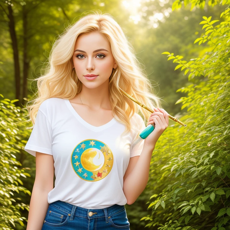 (best quality,highres,masterpiece:1.2),ultra-detailed,(realistic,photorealistic,photo-realistic:1.37),Mature depiction,Sailor Moon confidently holding a Moon wand,blonde hair flowing,stylish blue jeans,trendy t-shirt,lush green garden background,soft sunlight filtering through the trees,colorful flowers surrounding her,Elegant posture,vibrant colors,portrait style,shimmering gold details,colorful magical sparkles,subtle highlights and shadows,soft and natural lighting