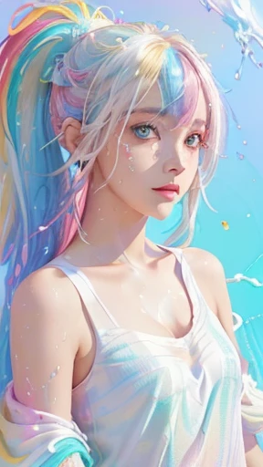 （Pink Fashion T-shirt：1.9），(Colorful hair: 1.8), (all the colours of the rainbow: 1.8),(((((vertical painting：1.6))), （painting：1.6），front, comics, illustrations, paintings, large eyes, crystal clear eyes,（ rainbow color gradient high ponytail：1.7）, exquisite makeup, closed mouth,(Small Fresh: 1.5),(Wipe Chest: 1.6) ，long eyelashes, white off shoulder T-shirt,  White Shoulder Shirt，looking at the audience, large watery eyes, (rainbow colored hair：1.6), color splash, （solo：1.8）, color splash, color explosion, thick paint style, messy lines, ((shining))，(colorful), (colorful), (colorful), colorful, Thick Paint Style, (Splash) (Color Splash), Vertical Painting, Upper Body, Paint Splash, Acrylic Pigment, Gradient, Paint, Highest Image Quality, Highest Quality, Masterpiece, Solo, Depth of Field, Face Paint,  colorful clothes, (Elegant: 1.2), gorgeous,long hair, wind, (Elegant: 1.etals: 1.4)，(((masterpiece))),(((best quality))),((ultra-detailed)),(illustration),(dynamic angle),((floating)),(paint),((disheveled hair)),(solo),(1girl) , (((detailed anima face))),((beautiful detailed face)),collar,bare shoulders,white hair, ((colorful hair)),((streaked hair)),beautiful detailed eyes,(Gradient color eyes),(((colorful eyes))),(((colorful background))),(((high saturation))),(((surrounded by colorful splashes))),