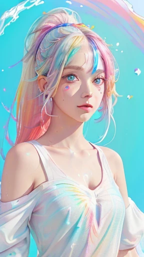 (Pink Fashion T-shirt:1.9),(Colorful hair: 1.8), (all the colours of the rainbow: 1.8),(((((vertical painting:1.6))), (painting:1.6),front, comics, illustrations, paintings, large eyes, crystal clear eyes,( rainbow color gradient high ponytail:1.7), exquisite makeup, closed mouth,(Small Fresh: 1.5),(Wipe Chest: 1.6) ,long eyelashes, white off shoulder T-shirt, White Shoulder Shirt,looking at the audience, large watery eyes, (rainbow colored hair:1.6), color splash, (solo:1.8), color splash, color explosion, thick paint style, messy lines, ((shining)),(colorful), (colorful), (colorful), colorful, Thick Paint Style, (Splash) (Color Splash), Vertical Painting, Upper Body, Paint Splash, Acrylic Pigment, Gradient, Paint, Highest Image Quality, Highest Quality, Masterpiece, Solo, Depth of Field, Face Paint, colorful clothes, (Elegant: 1.2), gorgeous,long hair, wind, (Elegant: 1.etals: 1.4),(((masterpiece))),(((best quality))),((ultra-detailed)),(illustration),(dynamic angle),((floating)),(paint),((disheveled hair)),(solo),(1girl) , (((detailed anima face))),((beautiful detailed face)),collar,bare shoulders,white hair, ((colorful hair)),((streaked hair)),beautiful detailed eyes,(Gradient color eyes),(((colorful eyes))),(((colorful background))),(((high saturation))),(((surrounded by colorful splashes))),