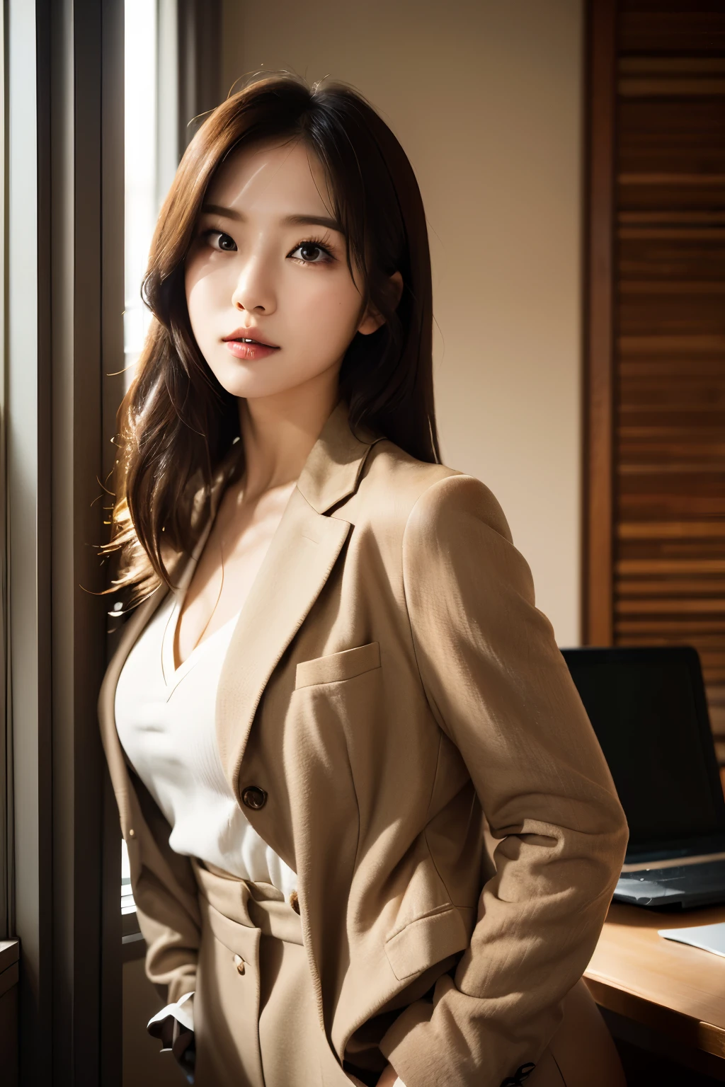 High-res, Realistic portrait of professional korean office lady with perfect skin,Professional suits,Women's suits,stand posture,The upper part of the body,Women in the workplace,Show confidence and maturity, Surrounded by a modern corporate environment, Vibrant and naturally lit highlights. The artwork should emphasize her elegant facial features, Including charming long eyes, Fluttering eyelashes and seductive lips. The scene should be enhanced with elements of professionalism and visual appeal,For example, Stylish work desk, Mainframe computers, High-resolution display, and complex stationery. The overall tone should be warm and professional, Has a soft and natural color palette. The artwork should exude a sense of professionalism, Success, and cultural pride,The background is blurred out