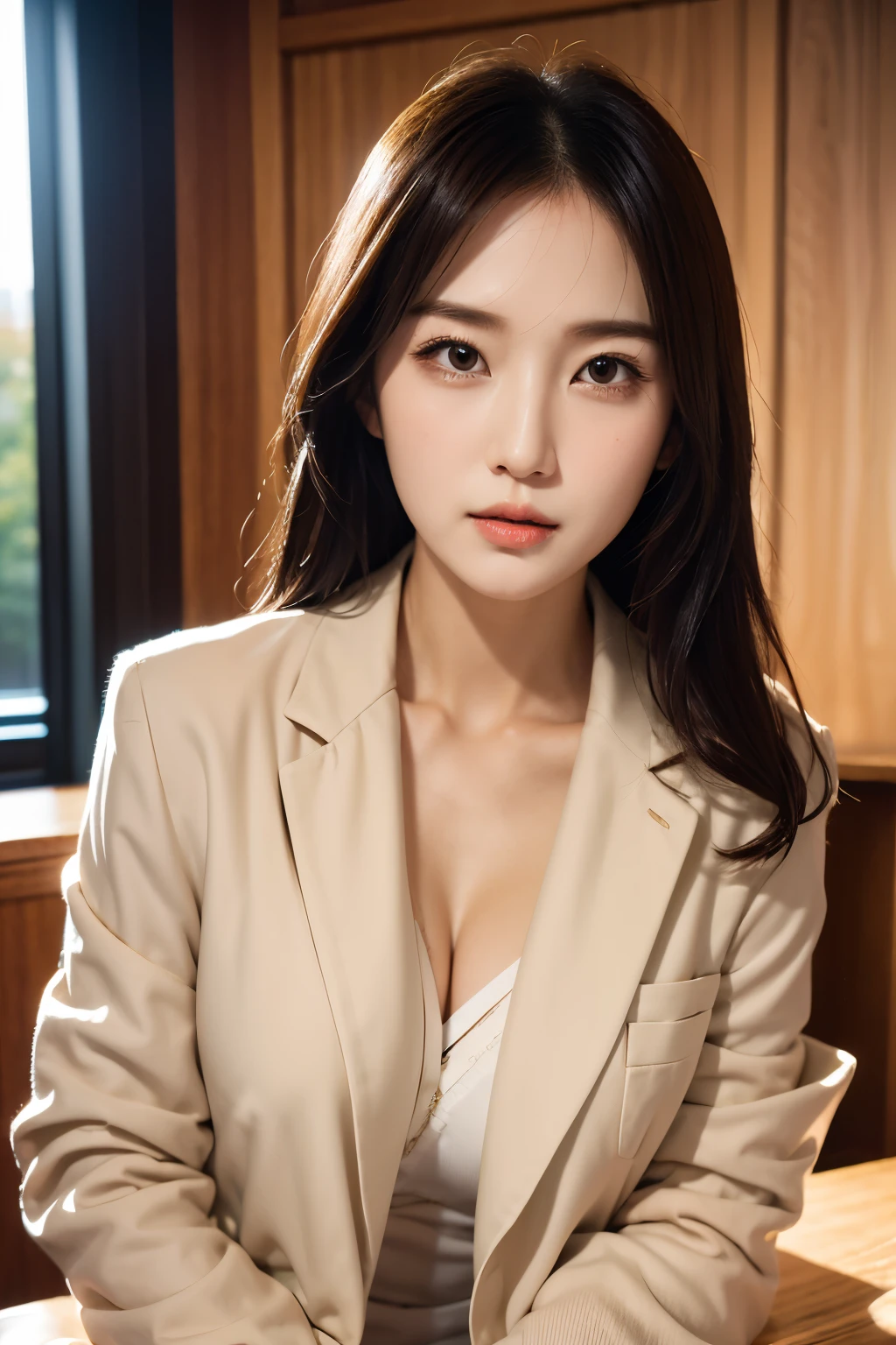 High-res, Realistic portrait of professional korean office lady with perfect skin,Professional suits,Women's suits,stand posture,The upper part of the body,Women in the workplace,Show confidence and maturity, Surrounded by a modern corporate environment, Vibrant and naturally lit highlights. The artwork should emphasize her elegant facial features, Including charming long eyes, Fluttering eyelashes and seductive lips. The scene should be enhanced with elements of professionalism and visual appeal,For example, Stylish work desk, Mainframe computers, High-resolution display, and complex stationery. The overall tone should be warm and professional, Has a soft and natural color palette. The artwork should exude a sense of professionalism, Success, and cultural pride,The background is blurred out