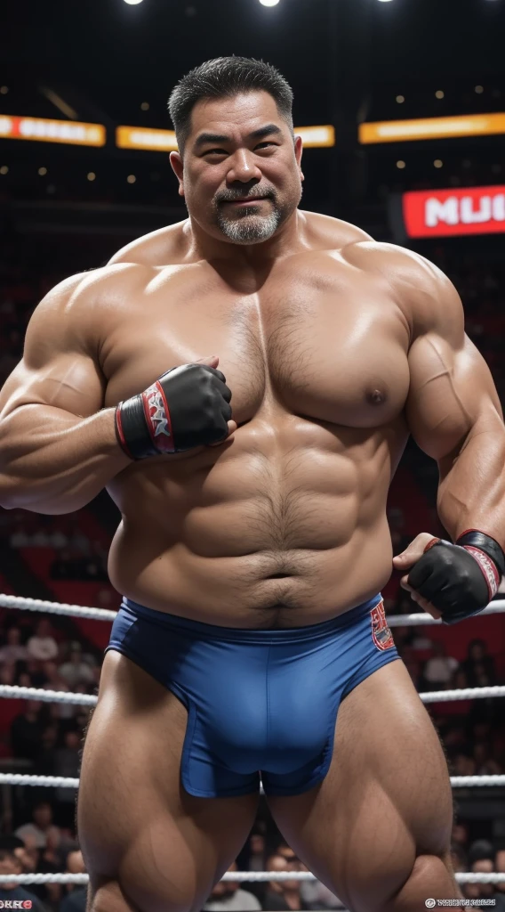 Middle age，the only person，male people，Muscle wrestler，musculous，Stout wrestler，Asian people，Uncles，60岁的Middle age，Short hair details，Short hair details细节，wrestling bootlack briefs，Panorama characters，WWE ring，WWE American professional wrestling，spotlight lights，cellshading，imagining，briefly，age 55,Middle age，tattoo fingerless gloves，Wheat-colored skin，oilly skin，Show off your chest muscles，Sumo wrestler，body builder，Wide sideburns，Pronounced abs，ssmile，（Full body like：3），