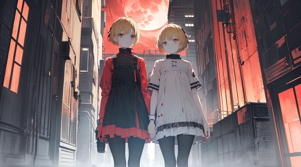 (2 girls, sister, blonde hair, short hair, kawaii, hold hands), (dystopia, red moon), (low contrast, flat color, limited palette)