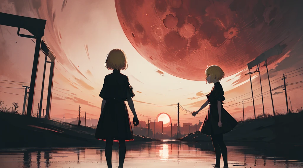 (2 girls, sister, blonde hair, short hair, kawaii, hold hands), (dystopia, red moon), (low contrast, flat color, limited palette)