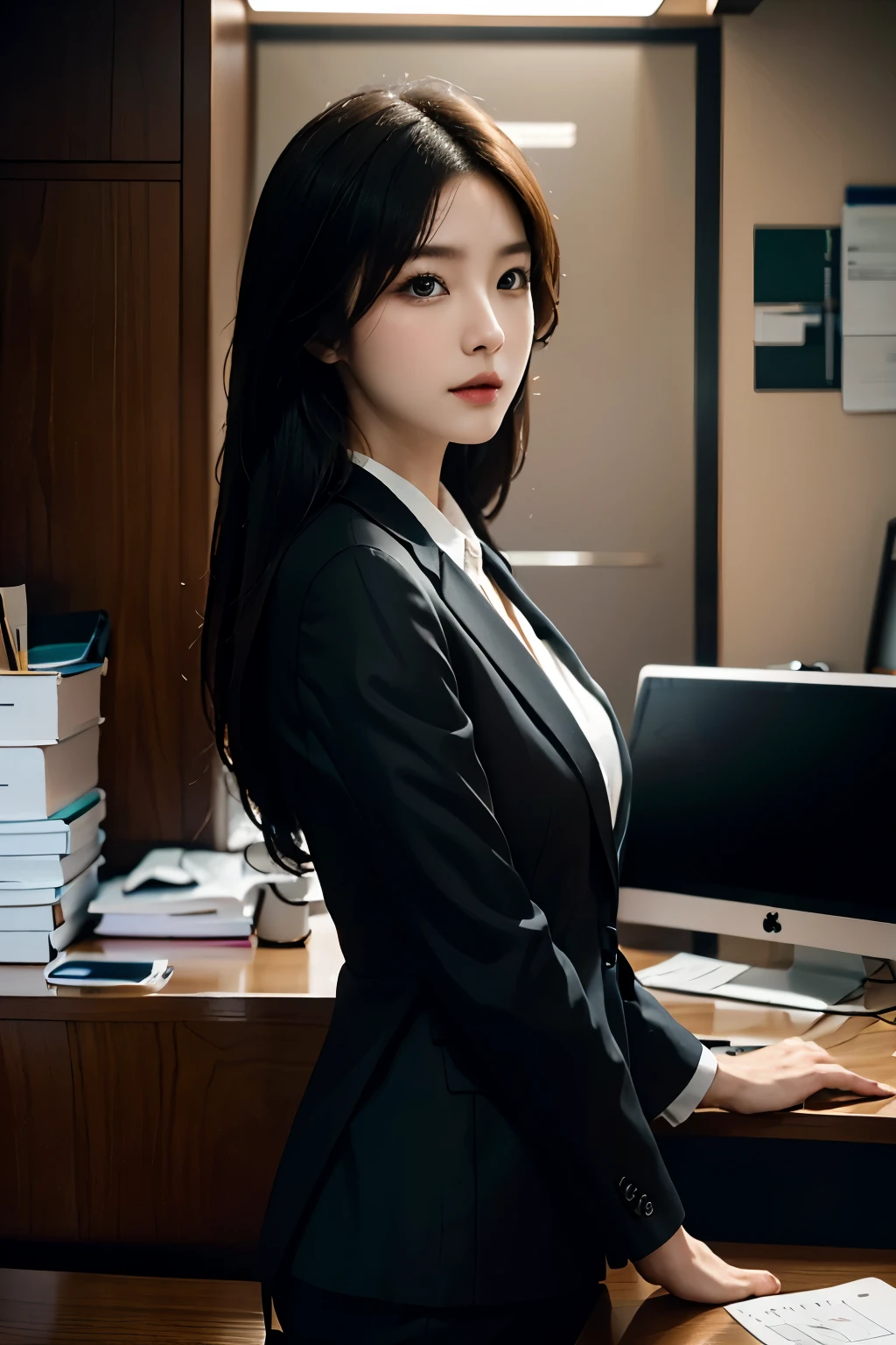 High-res, Realistic portrait of professional korean office lady with perfect skin，Professional suits，Women's suits，stand posture，The upper part of the body，Women in the workplace，Show confidence and maturity, Surrounded by a modern corporate environment, Vibrant and naturally lit highlights. The artwork should emphasize her elegant facial features, Including charming long eyes, Fluttering eyelashes and seductive lips. The scene should be enhanced with elements of professionalism and visual appeal，For example, Stylish work desk, Mainframe computers, High-resolution display, and complex stationery. The overall tone should be warm and professional, Has a soft and natural color palette. The artwork should exude a sense of professionalism, Success, and cultural pride，The background is blurred out