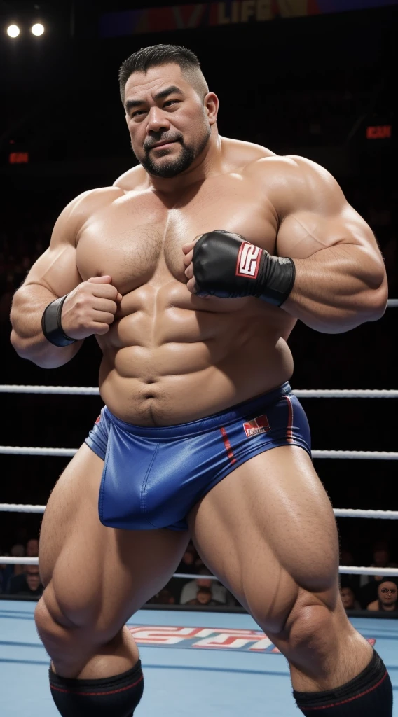 Middle age,the only person,male people,Muscle wrestler,musculous,Stout wrestler,Asian people,Uncles,60岁的Middle age,Short hair details,Short hair details细节,wrestling bootlack briefs,Panorama characters,WWE ring,WWE American professional wrestling,spotlight lights,cellshading,imagining,briefly,age 55,Middle age,tattoo fingerless gloves,Wheat-colored skin,oilly skin,Show off your chest muscles,Sumo wrestler,body builder,Wide sideburns,Pronounced abs,ssmile,(Full body like:3),