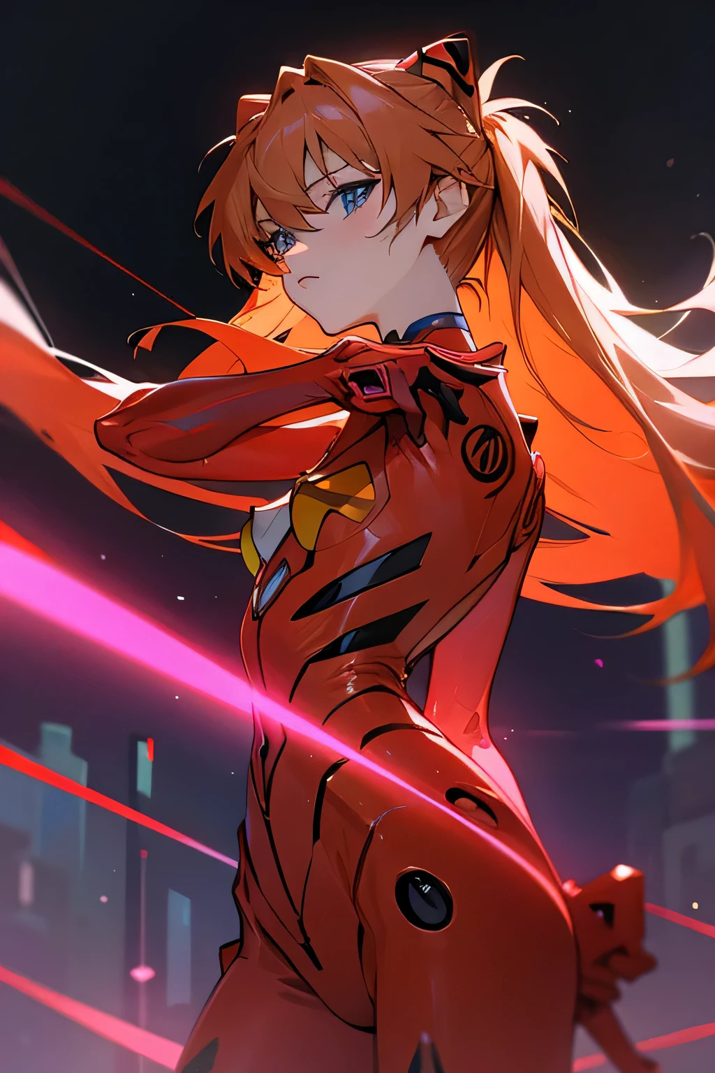 Asuka Langley Soryu olhando uma cidade neon com evangelion 02