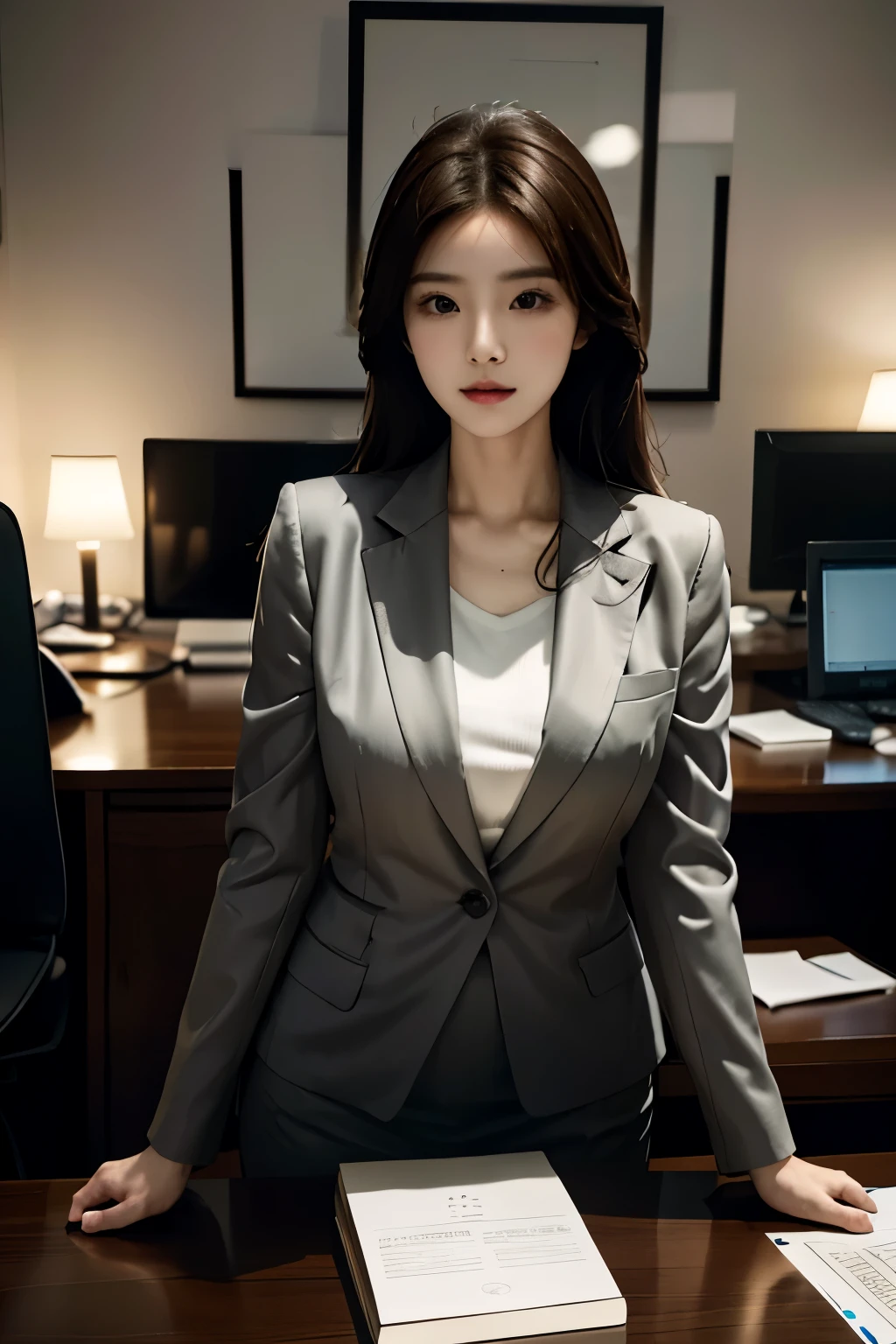 High-res, Realistic portrait of professional korean office lady with perfect skin,Professional suits,Women's suits,stand posture,The upper part of the body,Women in the workplace,Show confidence and maturity, Surrounded by a modern corporate environment, Vibrant and naturally lit highlights. The artwork should emphasize her elegant facial features, Including charming long eyes, Fluttering eyelashes and seductive lips. The scene should be enhanced with elements of professionalism and visual appeal,For example, Stylish work desk, Mainframe computers, High-resolution display, and complex stationery. The overall tone should be warm and professional, Has a soft and natural color palette. The artwork should exude a sense of professionalism, Success, and cultural pride,The background is blurred out