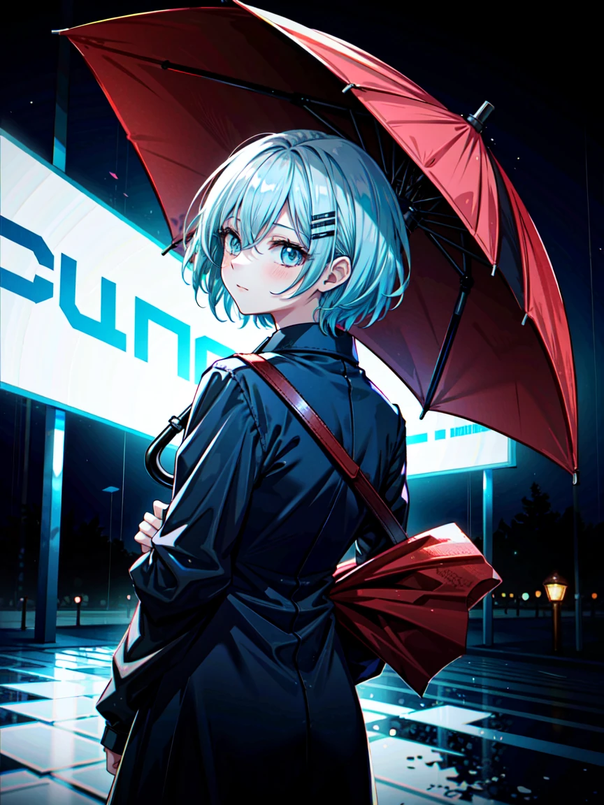 masterpiece, absurdres, a high resolution, hdr, uhd wallpaper, best quality, highest quality, highres, best-quality, beautiful, masterpiece, 8k, good-looking, illustration, digital art, intricate lighting, backlighting, studio lighting, 1girl, (solo:1.6), female focus, masterpiece, high quality, blue hair color, bangs, hair between the eyes, (short hair:1.3), pink eye color, looking at viewer, flatchested, shut up, closed mouth, hair clips, shirt, jacket, (fully clothed:1.6), upperbody, half-body adaptable, upper-body, head, chest, close-up, character in frame, perfect hands, ((middle-centered)), a female holding an umbrella, holding a big umbrella in the rain, hand holding umbrella, raining, nighttime, (looking from behind:1.5), weather, beautiful background, picturesque