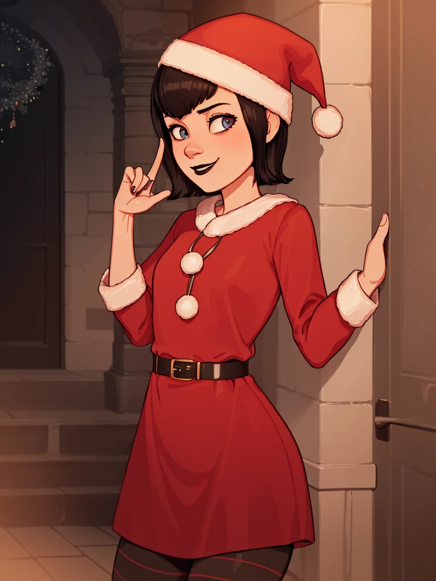 Mavis, christmas outfit, short hair, christmas, red outfit, santa outfit, santa hat, black hair, black lipstick, detailed, masterpiece