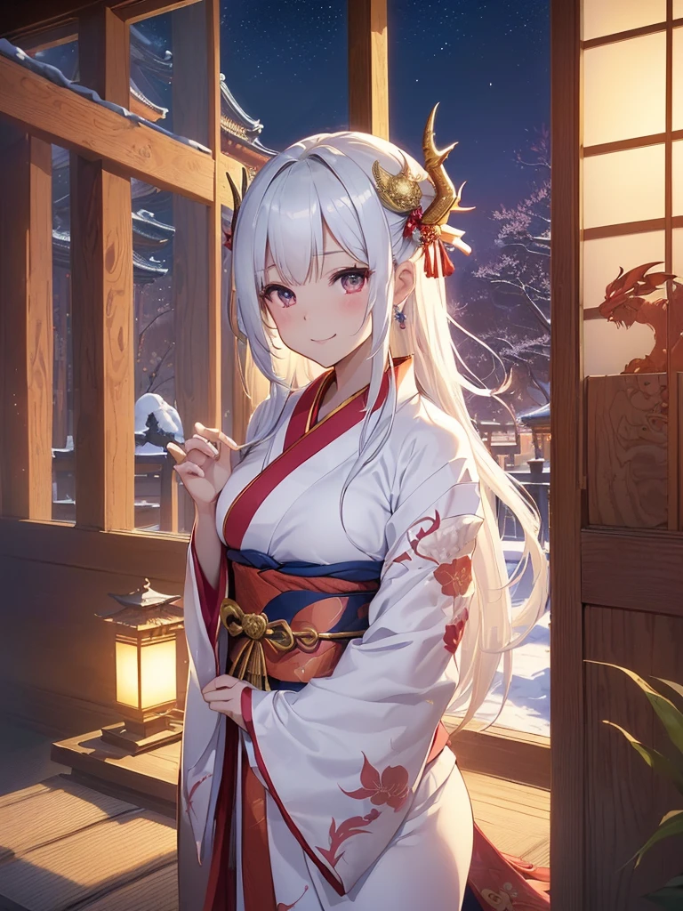 top-quality、Top image quality、Dagashi Teru Piece、Super beautiful Japanese beauty((24 year old、Japan kimono、Best Bust、big bast、Bust 90,beautiful long ironed hair、silber hair、White hair、kanzashi、A slender、a closeup、Esbian、Beautiful Japan hair、kanzashi、hiquality、Beautiful Art、morning、Superb Piece、visualart、depth of fields、low angle night sky、、devil of light、Happy smile、Gentle light、、Beautiful legs that are gentle on the skin、、、Number of fingers to achieve precise finger movements、ティッカーBeautiful decoration、elegent、Mystical Snowy landscape in winter、、japanese temple、、Beautiful decoration,Japan Kimono 1.3,、japanese art on behance、dragonの模様、dragonの装飾、Dragon decoration、、Painting by Sotatsu Tawaraya、screen、gold foil、神dragon、New Year、Happy New Year⛩、sunrises、morningの瞬間、shrines、cute dragon、dragon、New Yearの挨拶、morning