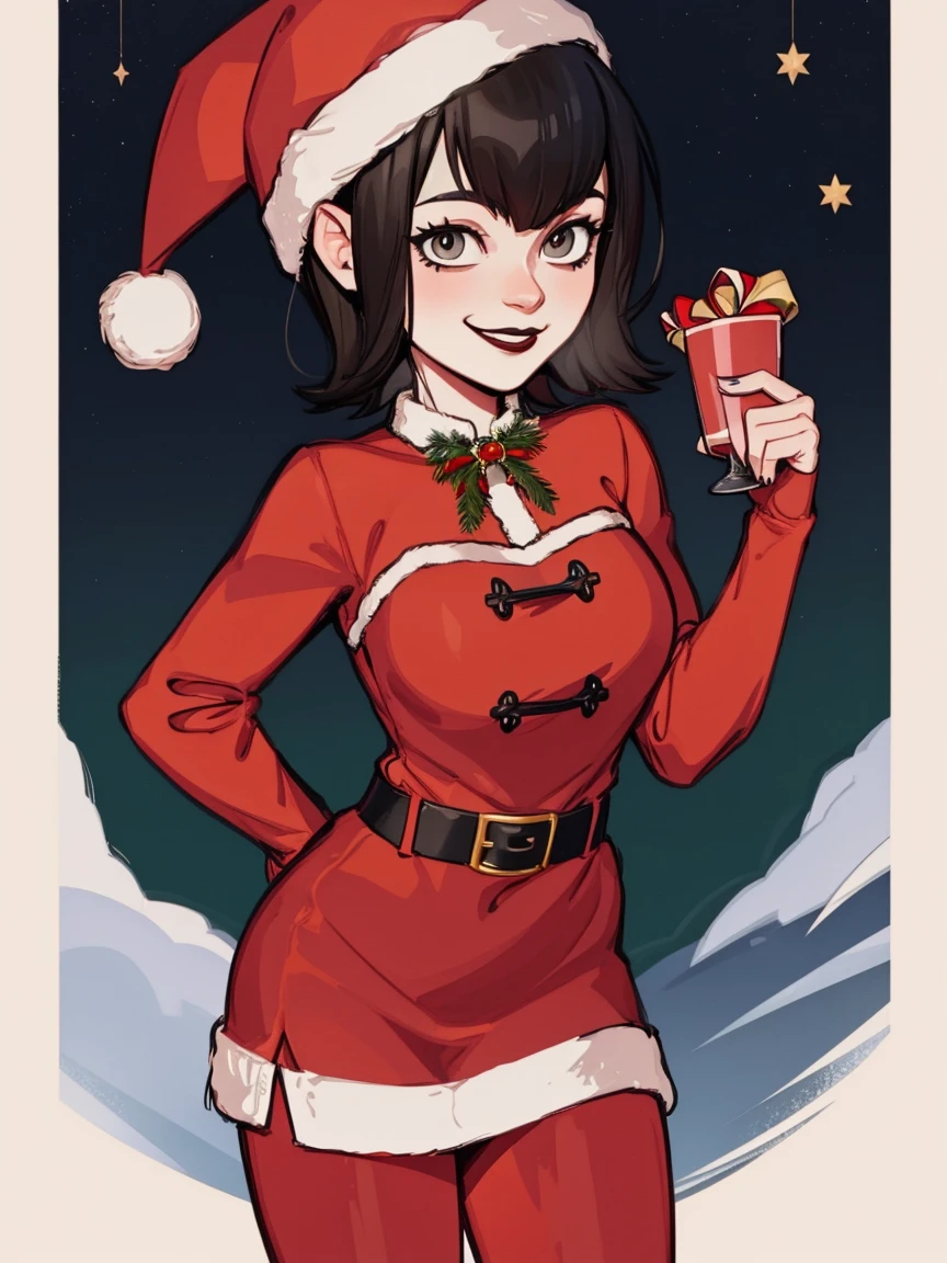 Mavis, christmas outfit, short hair, christmas, red outfit, santa outfit, santa hat, black hair, black lipstick, detailed, masterpiece