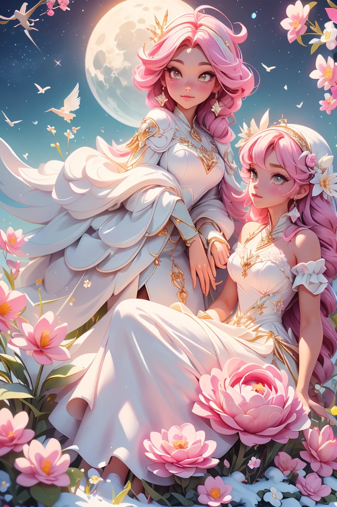 Castle, Flowers, delicate scene, sky, White clouds, and sunlight shine on the snow-white beach. Birds, Pink flowers and bright large shells, diamond crystal, On the beach, fantasy, Night sky, Moon, Smoke, Fire, Photo, HD, 8K, hyper HD, Super detail, High quality, 1080p
