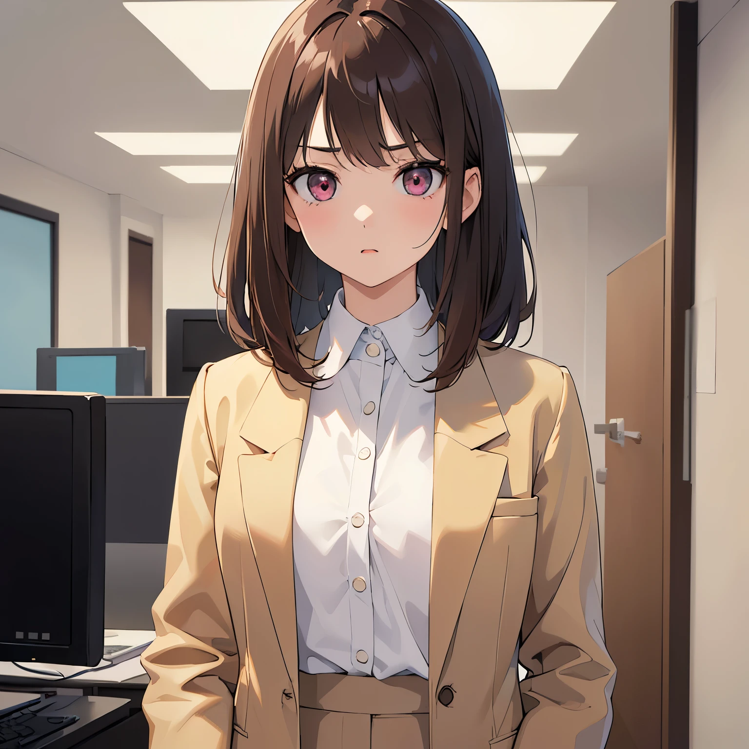 ​masterpiece、top-quality、 A 25-year-old woman with medium hair and pink eyes with brown bangs.、Wearing a beige suit、white  shirt、(serious:1.3)、Staring、is standing、The background is office、Bold composition、Upper body is shown、Alone
