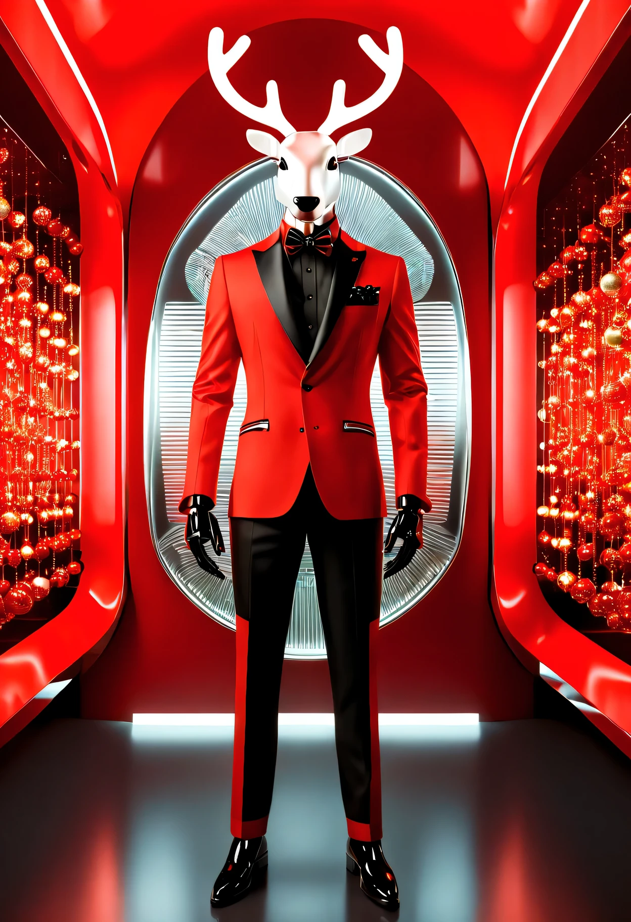 (Butler clothing design:1.8),\(Christmas style\)， Made of makinary, red and white style, Mechanized form, A A futuristic数字艺术, red and white colors, room lighting, surreal details, 32k ULTRAHD, auto-destructive art, mechanized abstraction, Future Vision,Fine lines and intricate details, A A futuristic维多利亚时代, translucent immersion, molecules, Red Knight, Glass as a material, Sci-fi Baroque style, 32k ULTRAHD,(Fundo sala de estar:1.5), fril, 未来makina人管家摄影, Glowing red interior components, Very A futuristic,makina人管家设计趋势, A A futuristic设计, A A futuristicmakina人管家 design, karim rashid, glowing interior components, Concept sled design, A A futuristic, A A futuristic镀铬, Future concept butler clothing, Magnificent design, High-Technologie details of the future,(makina人管家风格：1.5),(Christmas reindeer relief pattern:1.4),(mechanical blazer:1.5)，控制论makina人. Android, eats, makina, metals, electrical wires, Technologie, A futuristic, The is very detailed, Extremely detailed computer, Permanent, Full body photo, at centre, a 3D render, art  stations, octaneratingrendering, 8K
