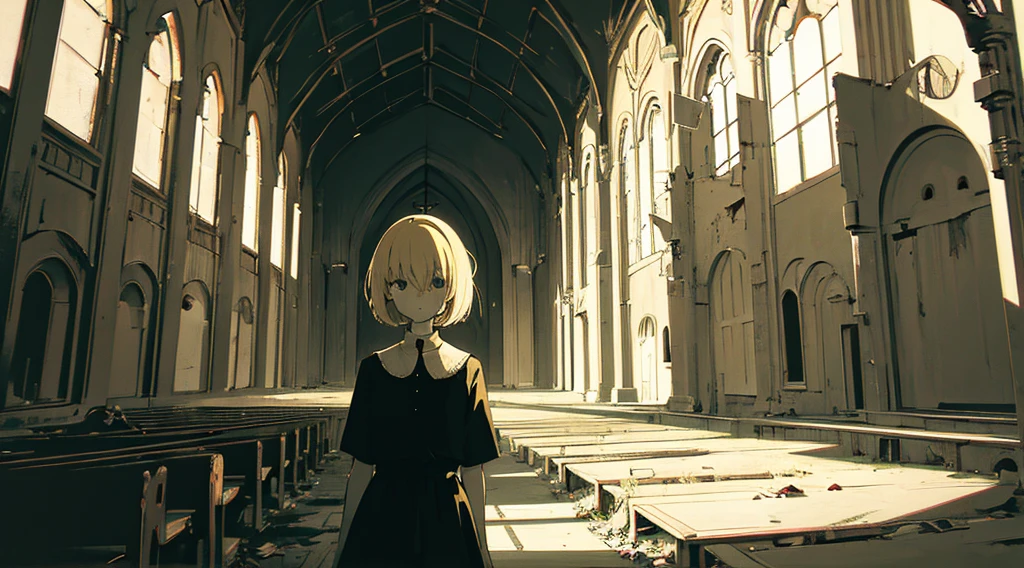 (sister, blonde hair, very short hair, kawaii), (abandoned church, late night), (low contrast, flat color, limited palette)