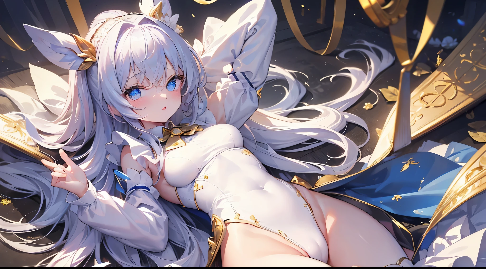 ((4k、8k、top-quality、perfect fingers: 1.3、perfect anatomia: 1.3、Background blur))、((10yaers old、a beauty girl 、a baby face、(white and black with gold decorations、Maid showing leotard、long-sleeve)、long straight hair、Beautiful big drooping eyes))、Happy smiling face、Fulll body Shot、Blue summer sky、quiet forest、