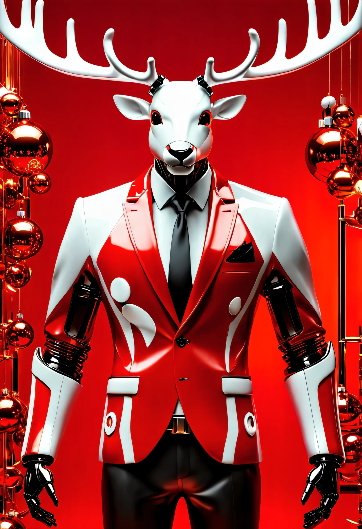 (Butler clothing design:1.8),\(Christmas style\)， Made of makinary, red and white style, Mechanized form, A A futuristic数字艺术, red and white colors, room lighting, surreal details, 32k ULTRAHD, auto-destructive art, mechanized abstraction, Future Vision,Fine lines and intricate details, A A futuristic维多利亚时代, translucent immersion, molecules, Red Knight, Glass as a material, Sci-fi Baroque style, 32k ULTRAHD,(Fundo sala de estar:1.5), fril, 未来makina人管家摄影, Glowing red interior components, Very A futuristic,makina人管家设计趋势, A A futuristic设计, A A futuristicmakina人管家 design, karim rashid, glowing interior components, Concept sled design, A A futuristic, A A futuristic镀铬, Future concept butler clothing, Magnificent design, High-Technologie details of the future,(makina人管家风格：1.5),(Christmas reindeer relief pattern:1.4),(mechanical blazer:1.5)，控制论makina人. Android, eats, makina, metals, electrical wires, Technologie, A futuristic, The is very detailed, Extremely detailed computer, Permanent, Full body photo, at centre, a 3D render, art  stations, octaneratingrendering, 8K