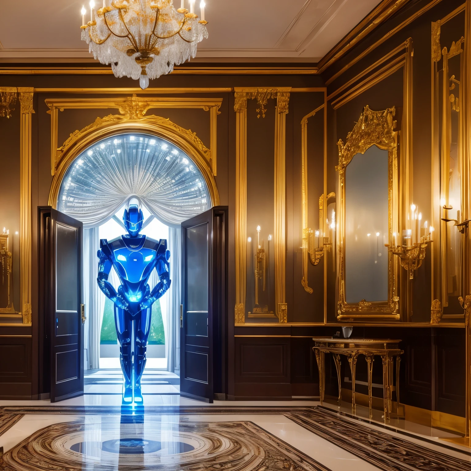 finest image, 8k, RAW photo, realistic, detailed, delicate, flashy and dynamic depiction, a robot butler that shines in iridescent gold, a streamlined form with no corners, one eye that shines blue, formal wear, background large entrance hall of a mansion, a chandelier