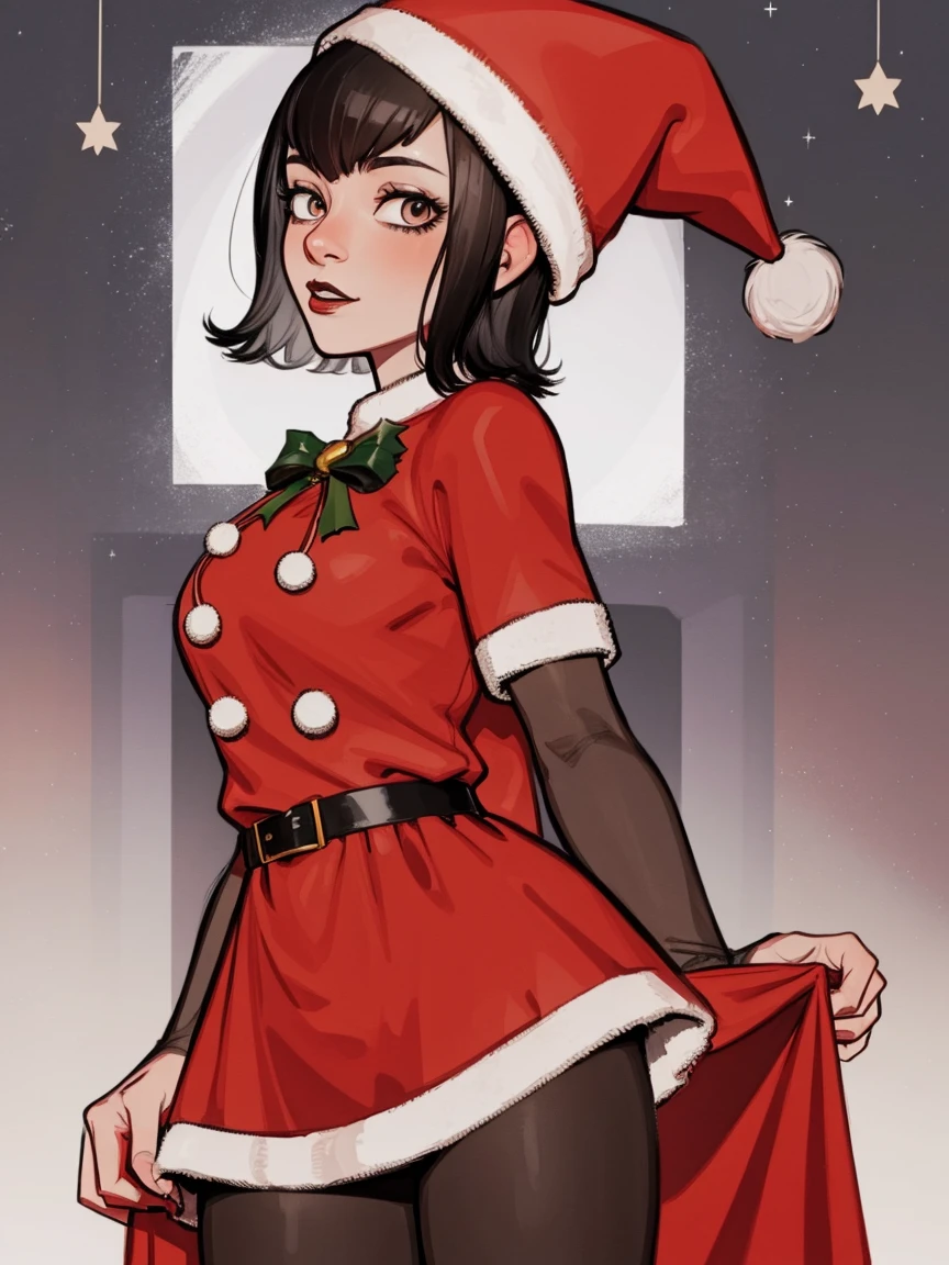 Mavis, christmas outfit, short hair, christmas, red outfit, santa outfit, santa hat, black hair, black lipstick, detailed, masterpiece